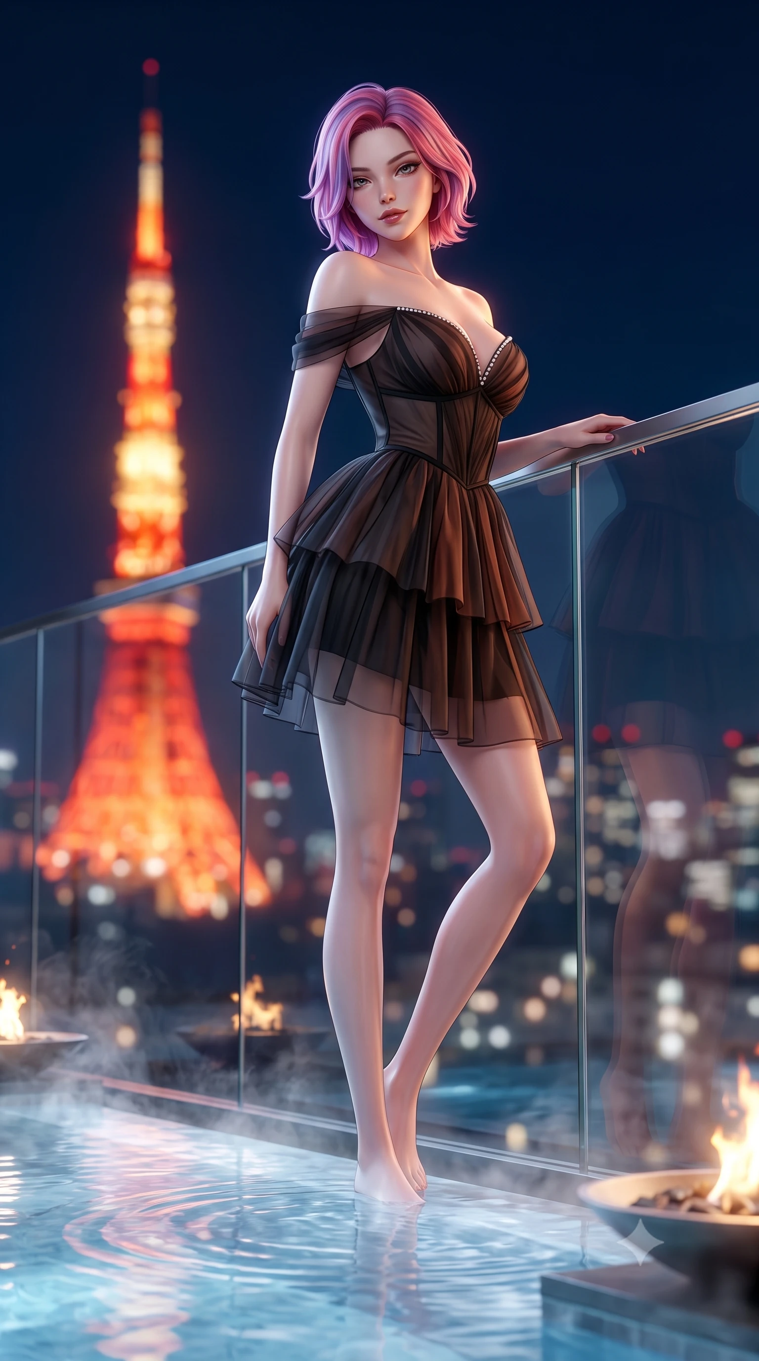 score_9, masterpiece, best quality, ultra-detailed, high-budget anime keyframe, semi-realistic 3D game render, editorial fashion photography, tasteful artistic composition, Caucasian woman. low angle full-body shot from head to toe showing her feet, filling the entire 9:16 vertical frame with her statuesque presence, stretching her vertical silhouette. leaning back against the panoramic glass window with hips cocked back in an unapologetically alluring high-fashion stance, illuminated by the city night vista while leaning back against the sleek glass parapet with hips cocked back, casting an intoxicating, sultry bedroom-gaze over a bare shoulder toward the lens. The composition keeps background elements in soft focus with dreamy creamy bokeh. steaming infinity pool water ripples and minimalist poolside fire pits softened in futuristic luxury shallow focus. She has an exceptionally tall and slender model-like 8.5-heads proportion, an ultra-slim waist, a flat toned midriff, narrow delicate ribcage, and beautifully sculpted feminine hips creating a graceful, slim hourglass silhouette without any bulky heaviness, with impossibly long slender legs. sharp v-shaped jawline, high-bridge nose, intricate jewel-like dark sparkling eyes with dangerous depth, thick curled eyelashes, glossy parted lips with a rich wine sheen, smoldering seductive half-smile with bedroom-eyes, exuding effortless superiority and intoxicating dark allure, flawlessly proportioned anatomical accuracy, strict slender model proportions, natural body alignment, perfectly sculpted long slender limbs, ultra-slim waistline, clean dynamic posture without body distortion. wearing a tiered semi-sheer black tulle and silk slip dress with an ultra-slim corseted waist and bare shoulders in dark burnt copper and matte black, crafted from layered gossamer black organza with weightless, smoky flutter, finished with subtle crystal rhinestones lining the plunging neckline, the high-waisted tailoring accentuating her ultra-slim waistline and the enchanting curve of her feminine hips with alluring dark charm. bathed in the warm radiant scarlet and orange glow of Tokyo Tower contrasted with deep midnight navy skies. highly saturated vibrant anime colors, detailed shading with soft gradients, rich glossy textures, high-contrast stereoscopic depth, volumetric dynamic lighting, master piece, 9:16 ratio