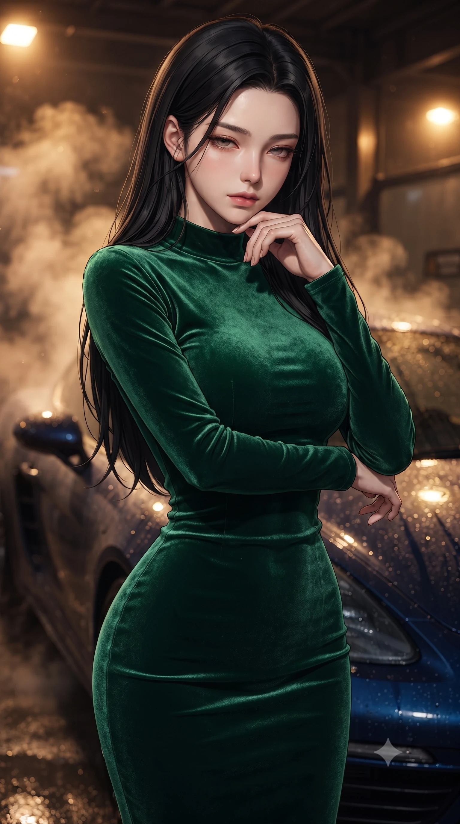 score_9, masterpiece, best quality, ultra-detailed, high-budget anime keyframe, editorial fashion photography, tasteful artistic composition, Korean woman. close-up cowboy shot from the waist and thighs up, the character dominates the composition, filling the frame with her large presence, background elements kept in soft focus. resting her chin on the backs of her fingers, casting a heavy-lidded, sultry look past the camera the background shows a soft-focus an automated wash bay with steam rising softly around a dark blue sports car. She has an exceptionally elegant, slender, and willowy female figure with an ultra-slim waist, a gracefully sculpted slender torso, and a refined silhouette. sharp v-shaped jawline, high-bridge nose, intricate jewel-like eyes with depth, thick eyelashes, glossy lips with a natural sheen. wearing a form-contouring body-hugging emerald green velvet dress with a simple mock-neck collar. warm low-key amber lights highlighting the glossy steam and wet textures. ultra-reflective glossy finish, specular highlights, metallic sheen, high-contrast stereoscopic depth, volumetric dynamic lighting, 2k, ultra detail, master piece, 9:16 ratio
