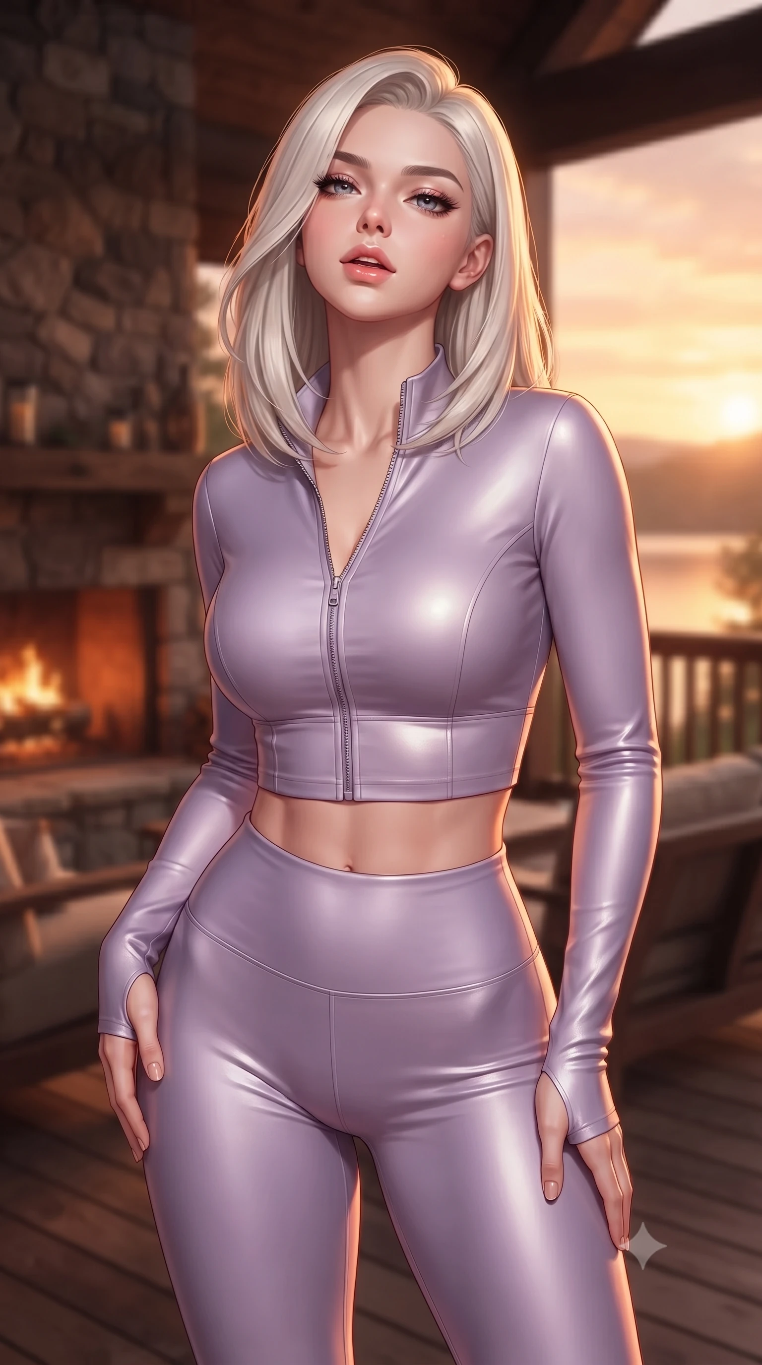 score_9, masterpiece, best quality, ultra-detailed, high-budget anime keyframe, editorial fashion photography, tasteful artistic composition, Caucasian woman. close-up cowboy shot from the waist and thighs up, the character dominates the composition, filling the frame with her large presence, background elements kept in soft focus. tilting her chin up slightly with lips parted in a composed, provocative expression the background shows a soft-focus a rustic wood deck with a stone fireplace facing a lake in a private estate. She has an exceptionally elegant, slender, and willowy female figure with an ultra-slim waist, a gracefully sculpted slender torso, and a refined silhouette. sharp v-shaped jawline, high-bridge nose, intricate jewel-like eyes with depth, thick eyelashes, glossy lips with a natural sheen. wearing a tailored body-hugging activewear set of a tailored zip-up long-sleeve crop top and matching high-waisted leggings in soft lavender. warm sunset light casting a peaceful, cozy orange wash on her figure. ultra-reflective glossy finish, specular highlights, metallic sheen, high-contrast stereoscopic depth, volumetric dynamic lighting, 2k, ultra detail, master piece, 9:16 ratio