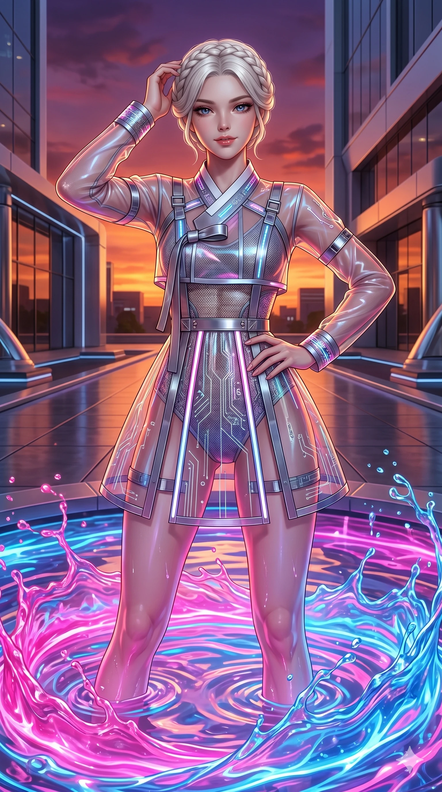 score_9, masterpiece, best quality, ultra-detailed, Set A: Photorealistic 8k CG, Japanese woman. Upper body close-up from the thighs up, character filling the screen for maximum presence. Standing in a fountain of colorful liquid in a futuristic plaza at sunset. She has an absolutely perfect 8-heads proportion, an exceptionally tall and slender female figure with an slender waist and playful pose. Sharp v-shaped jawline, high-bridge nose, intricate jewel-like eyes with depth, thick eyelashes, glossy lips. Wearing a Modern Traditional outfit: tech-hanbok with transparent panels and metallic straps. Background is a bright and colorful city plaza with vibrant pink and blue water and orange sky. 2k, ultra detail, master piece, 9:16 ratio