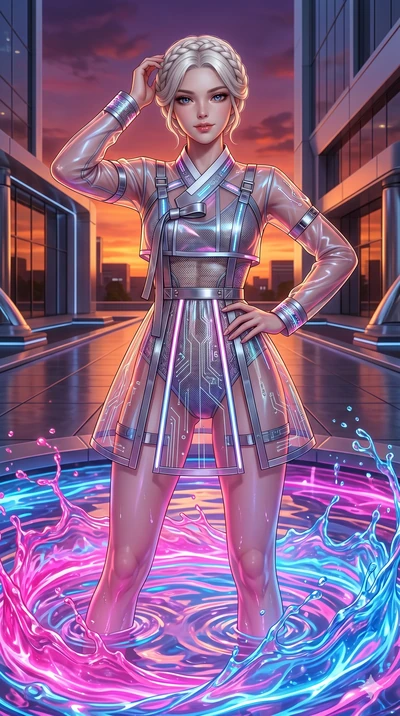 score_9, masterpiece, best quality, ultra-detailed, Set A: Photorealistic 8k CG, Japanese woman. Upper body close-up from the thighs up, character filling the screen for maximum presence. Standing in a fountain of colorful liquid in a futuristic plaz