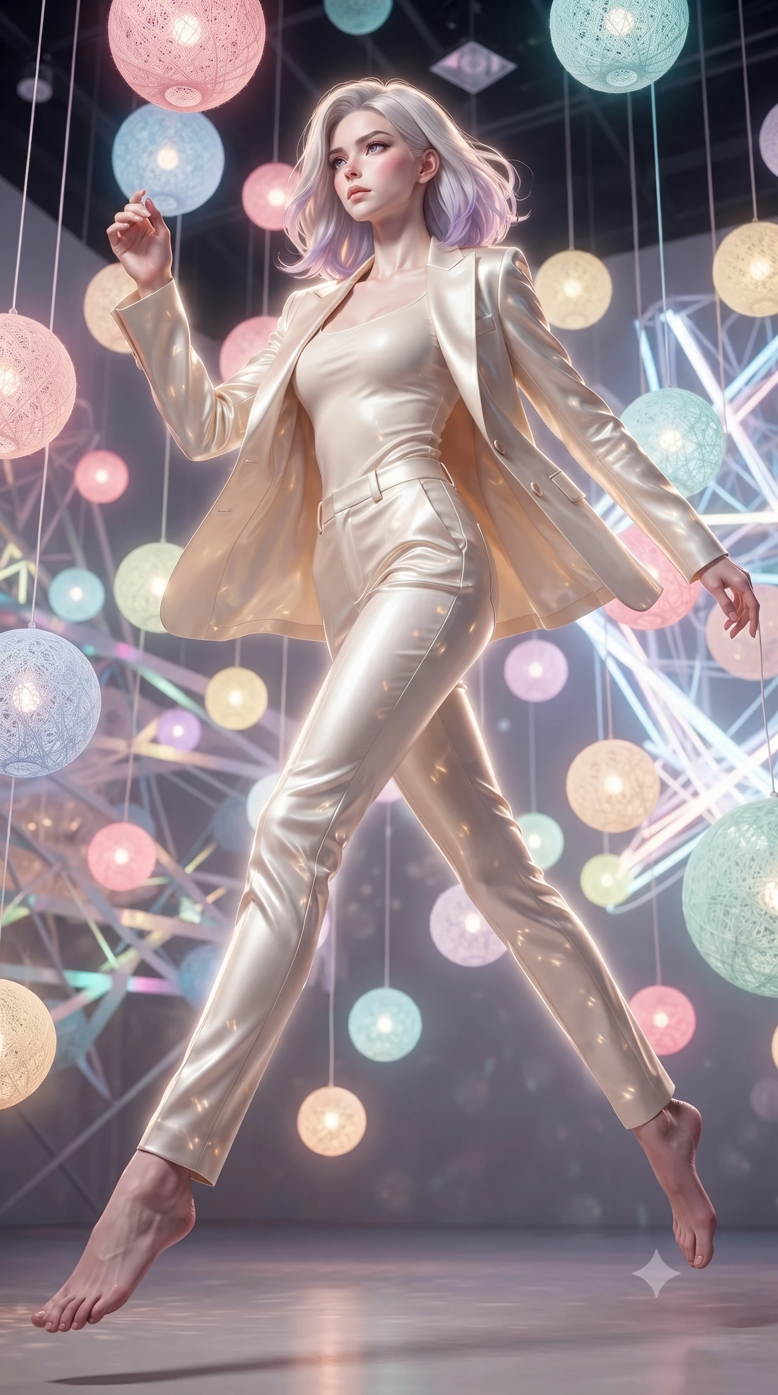 score_9, masterpiece, best quality, ultra-detailed, high-budget anime keyframe, editorial fashion photography, tasteful artistic composition, Caucasian woman. low angle full-body shot from head to toe showing her feet, filling the entire 9:16 vertical frame with her statuesque presence, stretching her vertical silhouette. leaping gracefully through the environment with statuesque elegance and long slender legs resting amidst suspended illuminated yarn spheres glowing with pastel tones, fine light patterns reflecting off glossy surfaces on her outfit. She has an absolutely perfect, statuesque 8.5-heads proportion, an exceptionally tall and slender model-like female figure with impossibly long slender legs and an ultra-slim waist. sharp v-shaped jawline, high-bridge nose, intricate jewel-like eyes with depth, thick eyelashes, glossy lips with a natural sheen. wearing a tailored cream silk blazer over a form-contouring scoop-neck top and fitted trousers, the elegant draped fit framing her graceful clavicle and slender torso. surrounded by a vibrant fluorescent aura with bright rim highlights. ultra-reflective glossy finish, specular highlights, metallic sheen, high-contrast stereoscopic depth, volumetric dynamic lighting, 2k, ultra detail, master piece, 9:16 ratio
