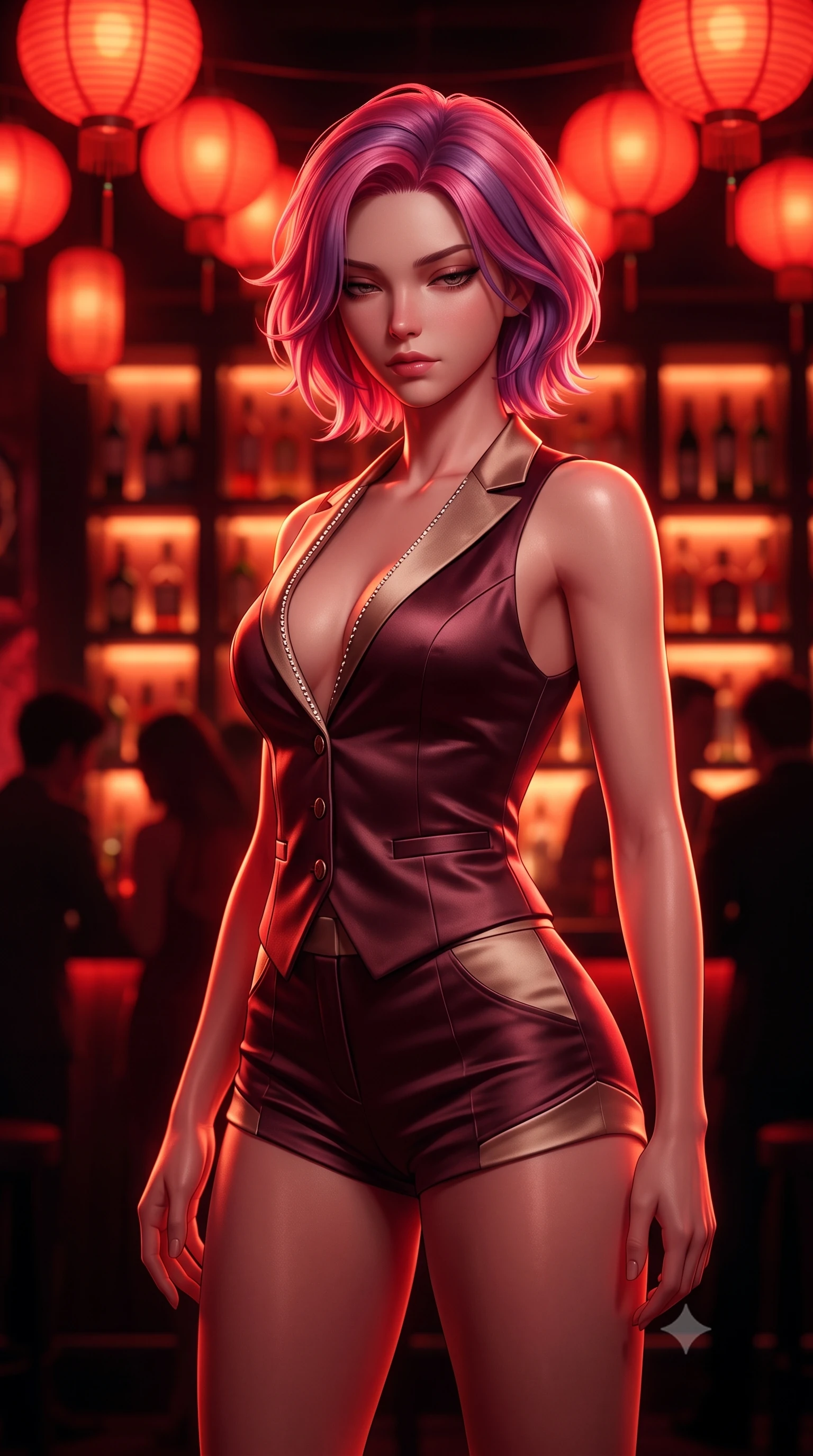 score_9, masterpiece, best quality, ultra-detailed, high-budget anime keyframe, semi-realistic 3D game render, editorial fashion photography, tasteful artistic composition, Caucasian woman. close-up cowboy shot from the waist and thighs up, the character dominates the composition, filling the frame with her large presence. glancing down over lowered lashes before meeting the camera with quiet, devastating intensity, her tailored outfit tracing her ultra-slim waist and hips while twisting her slender torso in an alluring contrapposto stance beneath a canopy of dark paper lanterns, her fitted outfit accentuating her hips and waist. The composition keeps background elements in soft focus with dreamy creamy bokeh. glowing crimson paper lanterns, backlit onyx bar shelves, and dark silhouette patrons blurred into deep scarlet, vermilion, and obsidian bokeh. She has an exceptionally elegant, slender, and willowy female figure with an ultra-slim waist, flat toned midriff, narrow ribcage, and sculpted feminine hips creating an alluring, slim hourglass silhouette without bulk. sharp v-shaped jawline, high-bridge nose, intricate jewel-like dark sparkling eyes with dangerous depth, thick curled eyelashes, glossy parted lips with a rich wine sheen, smoldering seductive half-smile with bedroom-eyes, exuding effortless superiority and intoxicating dark allure, flawlessly proportioned anatomical accuracy, strict slender model proportions, natural body alignment, perfectly sculpted long slender limbs, ultra-slim waistline, clean dynamic posture without body distortion. wearing a tailored satin tuxedo vest worn closed against bare skin with high-cut tailored satin hot-pants in dark mulberry wine and antique champagne, made of supple butter-soft lambskin leather with a subtle satin sheen, finished with subtle crystal rhinestones lining the plunging neckline, the high-waisted tailoring accentuating her ultra-slim waistline and the enchanting curve of her feminine hips with alluring dark charm. bathed in intense crimson and deep amber low-key accent lighting. highly saturated vibrant anime colors, detailed shading with soft gradients, rich glossy textures, high-contrast stereoscopic depth, volumetric dynamic lighting, master piece, 9:16 ratio