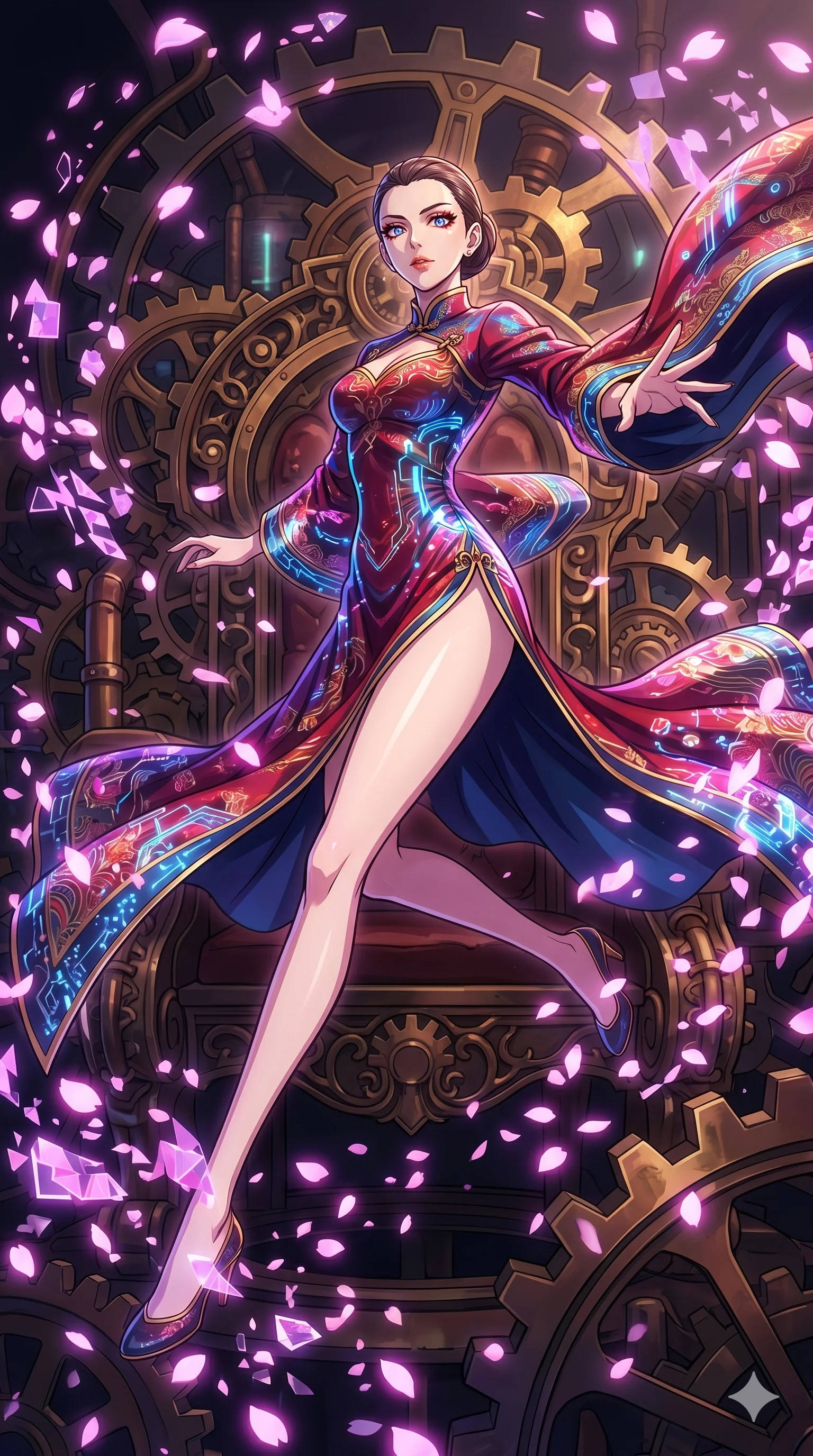 score_9, masterpiece, best quality, ultra-detailed, Set A: High-budget Anime Keyframe, Caucasian (strictly human ears) woman. Low angle cowboy shot filling the entire 9:16 frame with her statuesque presence. Leaping through a throne of gears, while her eyes glow with 90 different colors and surrounded by digital sakura petals. She has an absolutely perfect 8-heads proportion, an exceptionally tall and slender female figure with impossibly long slender legs and an ultra-slim waist. Sharp v-shaped jawline, high-bridge nose, intricate jewel-like eyes with depth, thick eyelashes, glossy lips with a natural sheen. Wearing Ornate traditional silk gown with futuristic glowing patterns and a massive high slit. Cinematic lighting, vibrant colors, dramatic shadows, 2k, ultra detail, master piece, 9:16 ratio