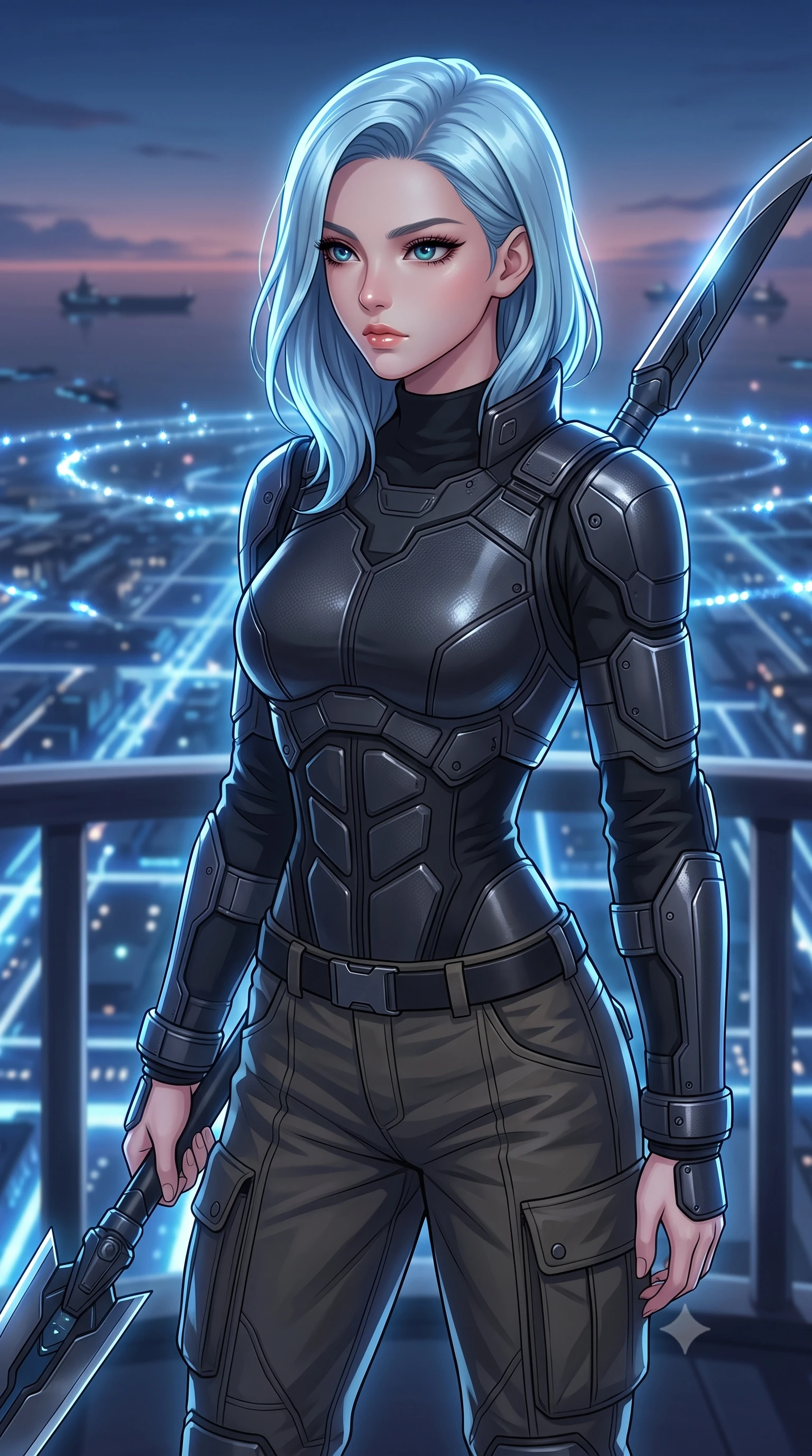 score_9, masterpiece, best quality, ultra-detailed, high-budget anime keyframe, editorial fashion photography, tasteful artistic composition, Korean woman. close-up cowboy shot from the waist and thighs up, the character dominates the composition, filling the frame with her large presence, background elements kept in soft focus. holding a deactivated nanotech glaive, looking past the camera with quiet, sharp focus and a composed expression, the background shows a soft-focus a citadel balcony overlooking the glowing grid of a planetary dock yard. She has an exceptionally elegant, slender, and willowy female figure with an ultra-slim waist, a gracefully sculpted slender torso, and a refined silhouette. sharp v-shaped jawline, high-bridge nose, intricate jewel-like eyes with depth, thick eyelashes, glossy lips with a natural sheen. wearing a form-contouring heavy carbon-plated defender jacket with reinforced cuffs, worn over a black mock-neck shirt and utility trousers. glittering blue and white orbital dock lights tracing her silhouette. highly saturated vibrant anime colors, detailed shading with soft gradients, rich glossy textures, high-contrast stereoscopic depth, volumetric dynamic lighting, master piece, 9:16 ratio