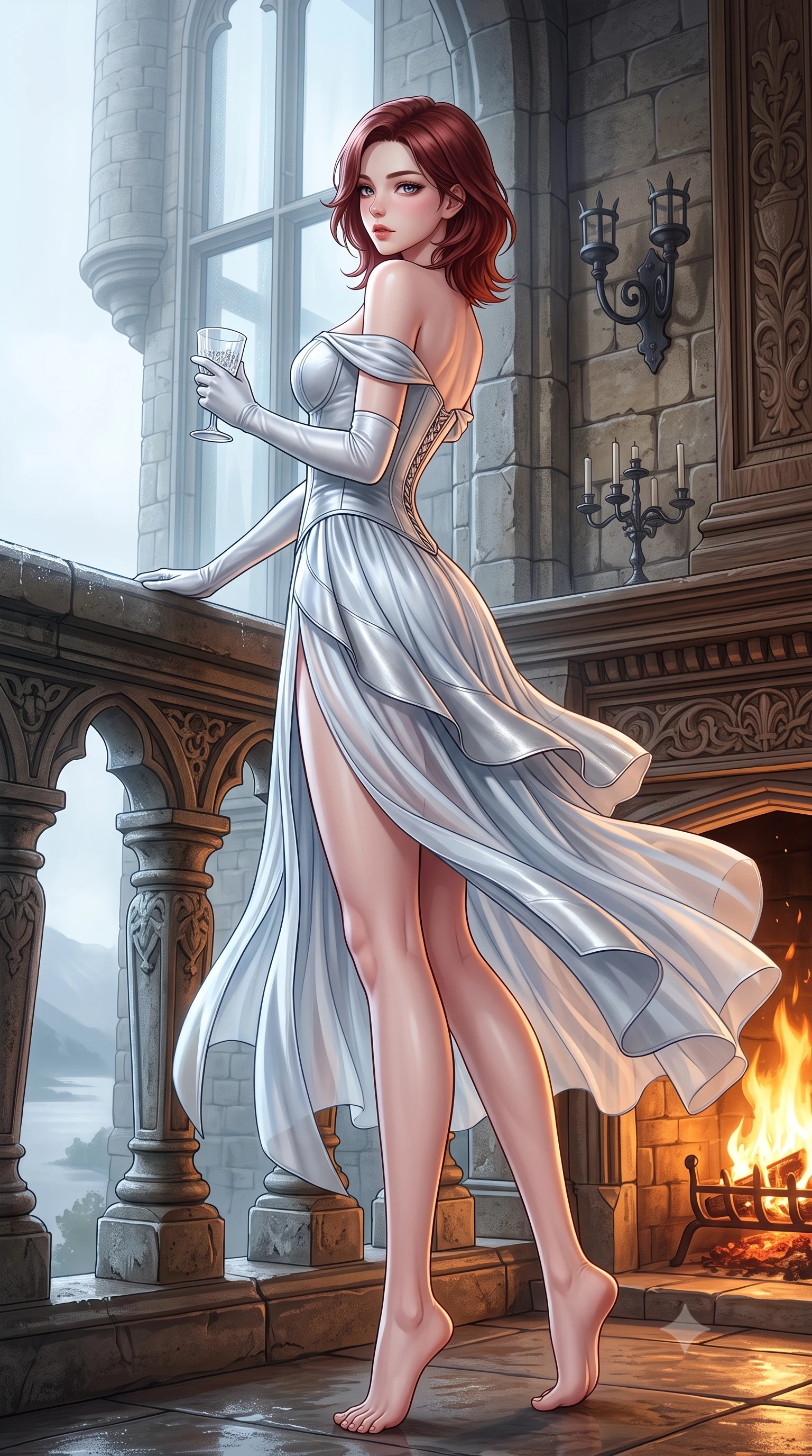 score_9, masterpiece, best quality, ultra-detailed, high-budget anime keyframe, semi-realistic 3D game render, editorial fashion photography, tasteful artistic composition, Korean woman. low angle full-body shot from head to toe showing her feet, filling the entire 9:16 vertical frame with her statuesque presence, stretching her vertical silhouette. executing an elegant mid-motion pivot turn as garments swirl around her slender limbs, glancing over her shoulder with an intoxicating bedroom-gaze while leaning against the damp carved limestone terrace balustrade overlooking misty Scottish lochs, arching her lower back in an alluring S-curve as wind flutters her dress. The surrounding environment is rendered in vivid detail and crisp panoramic clarity. sharp aged castle masonry grain, wrought-iron wall sconces, and carved oak wood textures in deep focus. She has an exceptionally tall and slender model-like 8.5-heads proportion, an ultra-slim waist, a flat toned midriff, narrow delicate ribcage, and beautifully sculpted feminine hips creating a graceful, slim hourglass silhouette without any bulky heaviness, with impossibly long slender legs. sharp v-shaped jawline, high-bridge nose, intricate jewel-like eyes with depth, thick eyelashes, glossy parted lips with a natural sheen, intensely captivating and seductive bedroom-eyes expression, flawlessly proportioned anatomical accuracy, strict slender model proportions, natural body alignment, perfectly sculpted long slender limbs, ultra-slim waistline, clean dynamic posture without body distortion. wearing an off-shoulder French court corset bodice dress paired with a tiered translucent chiffon slit skirt in liquid starlight silver and arctic glacier white, formed from supple second-skin lambskin leather with specular sheen, accessorized with opera-length satin gloves and a vintage crystal glass, the form-contouring material adhering flawlessly to her sculpted flat midriff and slender torso, emphasizing her long leg lines and perfectly proportioned willowy build. bathed in roaring stone hearth firelight from below and cool misty daylight streaming from towering castle windows. highly saturated vibrant anime colors, detailed shading with soft gradients, rich glossy textures, high-contrast stereoscopic depth, volumetric dynamic lighting, master piece, 9:16 ratio