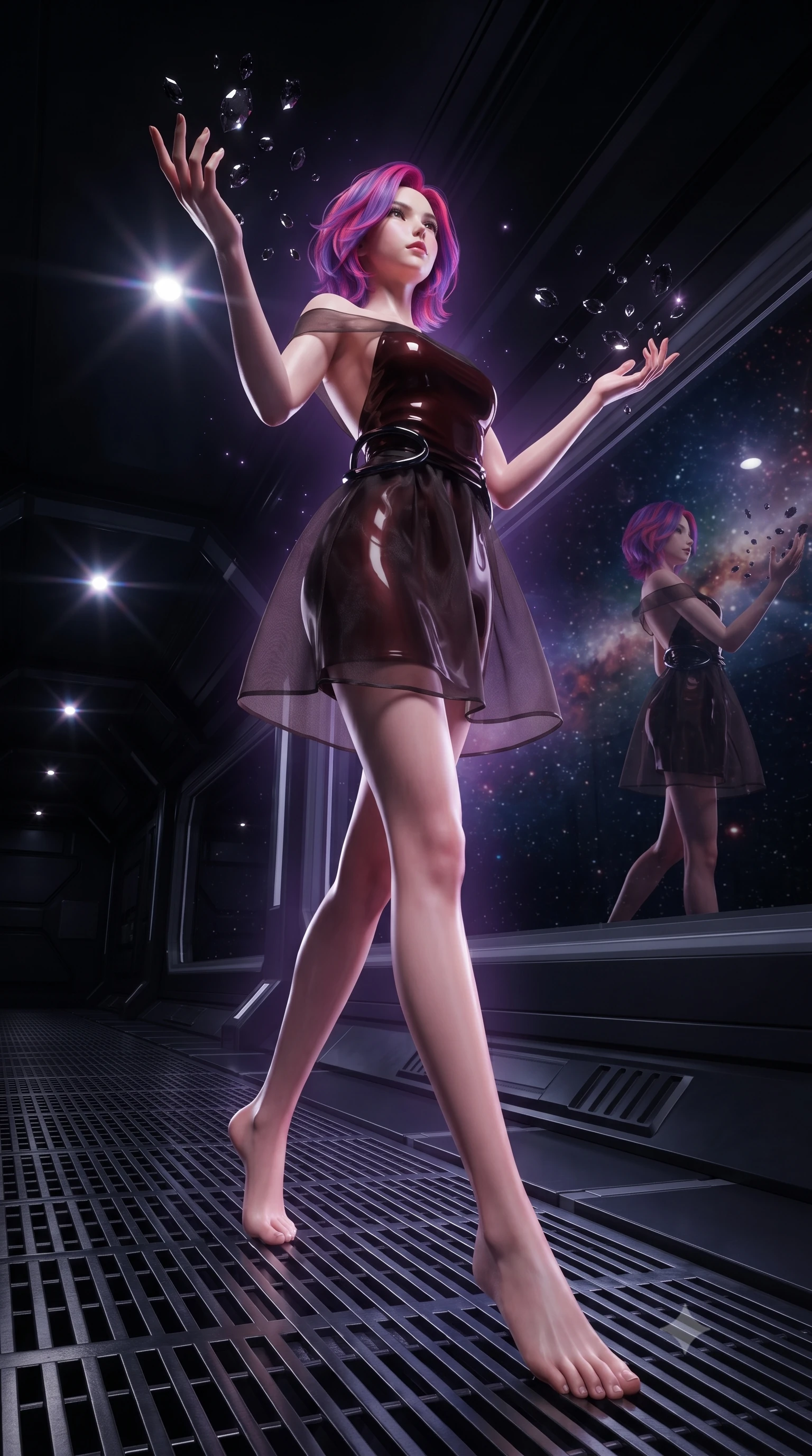 score_9, masterpiece, best quality, ultra-detailed, high-budget anime keyframe, editorial fashion photography, tasteful artistic composition, Caucasian woman. low angle full-body shot from head to toe showing her feet, filling the entire 9:16 vertical frame with her statuesque presence, stretching her vertical silhouette. interacting with floating dark crystal particles, her long slender legs poised in motion, navigating a dark space station corridor lit by distant starlight flares, panoramic glass window reflecting her statuesque posture against the cosmos. She has an absolutely perfect, statuesque 8.5-heads proportion, an exceptionally tall and slender model-like female figure with impossibly long slender legs and an ultra-slim waist. sharp v-shaped jawline, high-bridge nose, intricate jewel-like eyes with depth, thick eyelashes, glossy lips with a natural sheen. wearing backless liquid vinyl mini slip dress with bare shoulder neckline in dark mahogany, made of sheer dark organza overlay, accented with sculpted obsidian chrome rings at the waist, sculpting her athletic slender build with refined precision. surrounded by a glowing violet starlight aura and high-contrast specular rays. ultra-reflective glossy finish, specular highlights, metallic sheen, high-contrast stereoscopic depth, volumetric dynamic lighting, 2k, ultra detail, master piece, 9:16 ratio