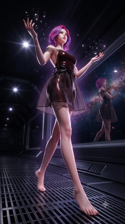 score_9, masterpiece, best quality, ultra-detailed, high-budget anime keyframe, editorial fashion photography, tasteful artistic composition, Caucasian woman. low angle full-body shot from head to toe showing her feet, filling the entire 9:16 vertica