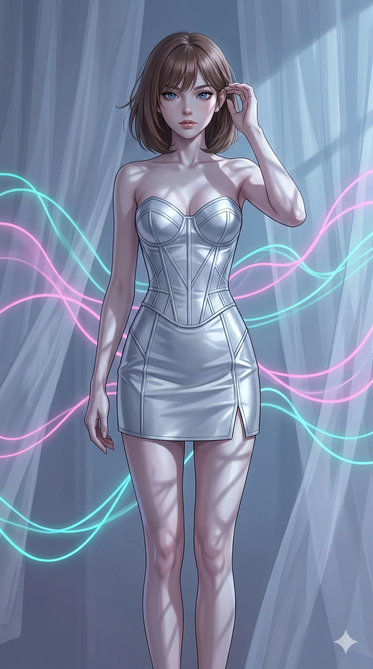 score_9, masterpiece, best quality, ultra-detailed, high-budget anime keyframe, editorial fashion photography, tasteful artistic composition, Caucasian woman, strictly human ears. cowboy shot from the thighs up, character and outfit filling the frame for maximum editorial presence. Lifting one hand to gently tuck hair behind her ear mid-frame within a chamber where sound waves are visible as floating neon ribbons of pink and teal. She has an absolutely perfect 8-heads proportion, an exceptionally tall and slender female figure with impossibly long slender legs and an ultra-slim waist. V-shaped jawline, high-bridge nose, intricate jewel-like eyes with depth, thick eyelashes, glossy lips with a natural sheen. wearing a structured silver bustier with geometric seams, paired with a matching silver mini-skirt with a small side slit. bathed in cold silver moonlight filtered through translucent gossamer curtains casting soft shadows on her curves. 2k, ultra detail, master piece, 9:16 ratio
