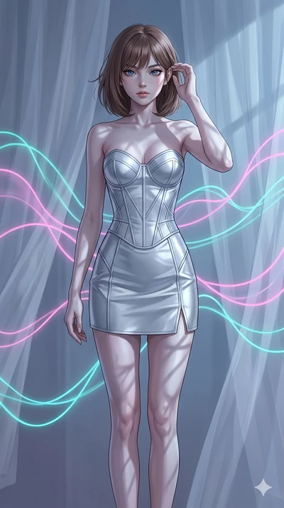 score_9, masterpiece, best quality, ultra-detailed, high-budget anime keyframe, editorial fashion photography, tasteful artistic composition, Caucasian woman, strictly human ears. cowboy shot from the thighs up, character and outfit filling the frame