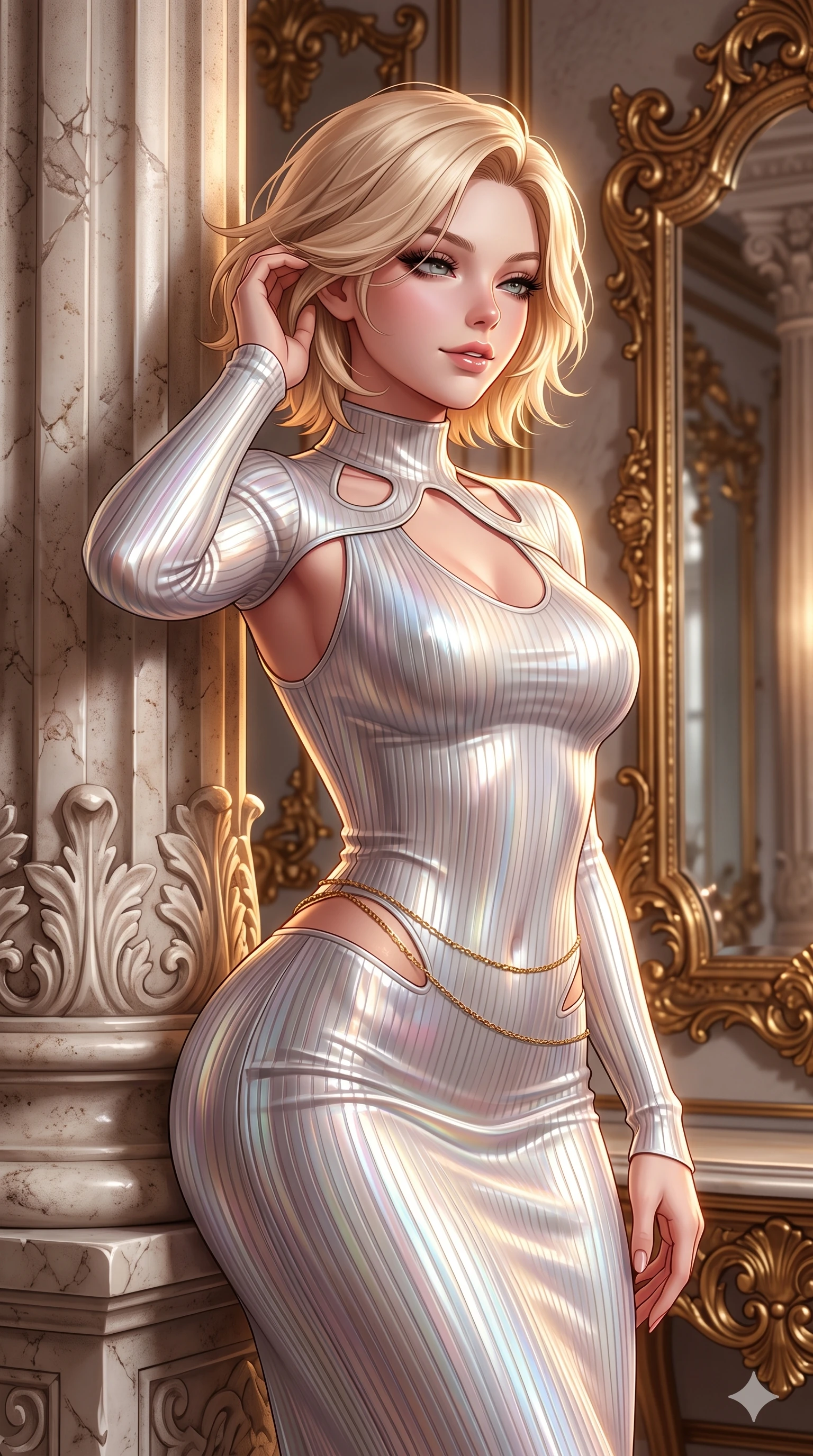 score_9, masterpiece, best quality, ultra-detailed, high-budget anime keyframe, semi-realistic 3D game render, editorial fashion photography, tasteful artistic composition, Caucasian woman. close-up cowboy shot from the waist and thighs up, the character dominates the composition, filling the frame with her large presence. gently brushing a lock of hair behind her ear while casting a playful, flirtatious side-gaze with long eyelashes while leaning against the carved alabaster pilaster with hips cocked back, looking into the ornate mirror with heavy-lidded seductive bedroom-eyes. The surrounding environment is rendered in vivid detail and crisp panoramic clarity: sharp rococo gold-leaf scrollwork, mirror bevel speculars, and crisp alabaster stone grain in deep focus. She has an exceptionally elegant, slender, and willowy female figure with an ultra-slim waist, flat toned midriff, narrow ribcage, and sculpted feminine hips creating an alluring, slim hourglass silhouette without bulk. sharp v-shaped jawline, high-bridge nose, intricate jewel-like sparkling eyes with depth, thick eyelashes, glossy parted lips with a natural sheen, intensely captivating and seductive bedroom-eyes expression, exuding both youthful cute charm and sovereign luxury allure, flawlessly proportioned anatomical accuracy, strict slender model proportions, natural body alignment, perfectly sculpted long slender limbs, ultra-slim waistline, clean dynamic posture without body distortion. wearing an ultra-sleek form-fitting ribbed silk-knit midi dress with elegant collar cutouts contouring her feminine hourglass silhouette in iridescent mother-of-pearl and liquid molten silver, made of fluid liquid jersey with seamless sculpting hold and smooth contours, accented with a dainty gold belly chain resting across her flat midriff and curving hips, the liquid-tight tailored fabric clinging flawlessly to her narrow waist and rounded feminine hips, emphasizing every millimeter of her sculpted slim hourglass curves without any bulky heaviness. illuminated by mirrored wall bounce and sharp diamond-gold rim lights carving her sculpted collarbones, ultra-slim waist, and curvy hips. highly saturated vibrant anime colors, detailed shading with soft gradients, rich glossy textures, high-contrast stereoscopic depth, volumetric dynamic lighting, master piece, 9:16 ratio