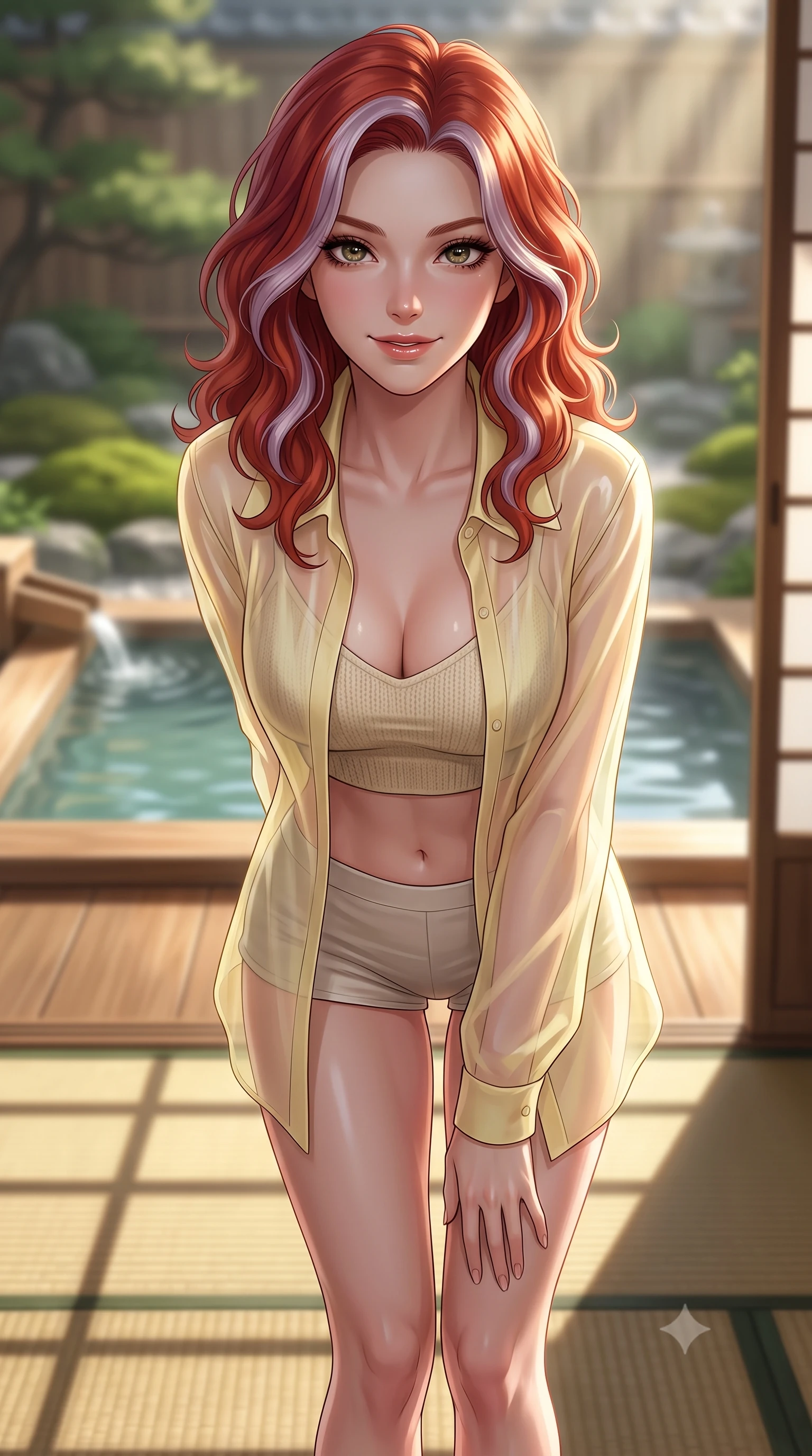 score_9, masterpiece, best quality, ultra-detailed, high-budget anime keyframe, editorial fashion photography, tasteful artistic composition, Caucasian woman. close-up cowboy shot from the waist and thighs up, the character dominates the composition, filling the frame with her large presence, background elements kept in soft focus. leaning slightly forward with a playful, teasing smile, her gaze locked onto the viewer the background shows a soft-focus a ryokan stream hot spring cypress wood bath facing a moss garden. She has an exceptionally elegant, slender, and willowy female figure with an ultra-slim waist, a gracefully sculpted slender torso, and a refined silhouette. sharp v-shaped jawline, high-bridge nose, intricate jewel-like eyes with depth, thick eyelashes, glossy lips with a natural sheen. wearing a body-hugging sheer organza shirt in pale yellow worn open over a knit crop top and micro-shorts. soft late afternoon sunrays casting long wooden grid shadows on the tatami. ultra-reflective glossy finish, specular highlights, metallic sheen, high-contrast stereoscopic depth, volumetric dynamic lighting, 2k, ultra detail, master piece, 9:16 ratio