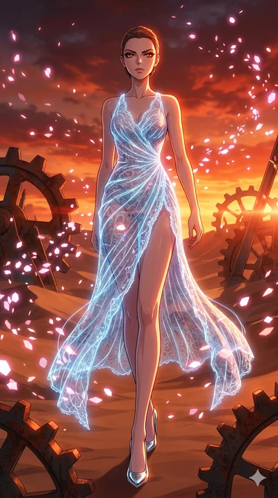 score_9, masterpiece, best quality, ultra-detailed, Set A: High-budget Anime Keyframe, Caucasian (strictly human ears) woman. Upper body close-up from the thighs up, character filling the screen for maximum presence. Walking gracefully through a cloc