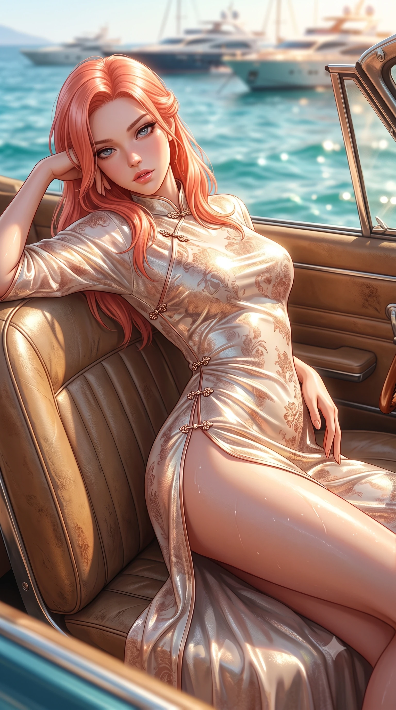 score_9, masterpiece, best quality, ultra-detailed, high-budget anime keyframe, semi-realistic 3D game render, editorial fashion photography, tasteful artistic composition, Japanese woman. close-up cowboy shot from the waist and thighs up, the character dominates the composition, filling the frame with her large presence. arching her spine backward with effortless dancer poise, one hand sliding along her hip line as directional light carves specular highlights along her silhouette while lounging languidly across the passenger leather seat propped on one elbow, long slender legs extended to accentuate her willowy yet curvy silhouette. The composition keeps background elements in soft focus with creamy bokeh. sparkling Mediterranean turquoise waves and distant luxury yachts blurred into molten azure, gold, and coral bokeh. She has an exceptionally elegant, slender, and willowy female figure with an ultra-slim waist, flat toned midriff, narrow ribcage, and sculpted feminine hips creating an alluring, slim hourglass silhouette without bulk. sharp v-shaped jawline, high-bridge nose, intricate jewel-like eyes with depth, thick eyelashes, glossy parted lips with a natural sheen, intensely captivating and seductive bedroom-eyes expression, flawlessly proportioned anatomical accuracy, strict slender model proportions, natural body alignment, perfectly sculpted long slender limbs, ultra-slim waistline, clean dynamic posture without body distortion. wearing a delicate semi-translucent silk yukata that clings to her wet skin and curvy hip contours in vintage champagne ivory and delicate rose gold, crafted from luxurious metallic lamé that shifts radiance with every step, finished with an ultra-high side slit secured by miniature jeweled clasps, the liquid-tight tailored fabric clinging flawlessly to her narrow waist and rounded feminine hips, emphasizing every millimeter of her sculpted slim hourglass curves without any bulky heaviness. illuminated by bright specular sun glints sharply carving her razor-sharp jawline, narrow waist, and curvy hips. highly saturated vibrant anime colors, detailed shading with soft gradients, rich glossy textures, high-contrast stereoscopic depth, volumetric dynamic lighting, master piece, 9:16 ratio