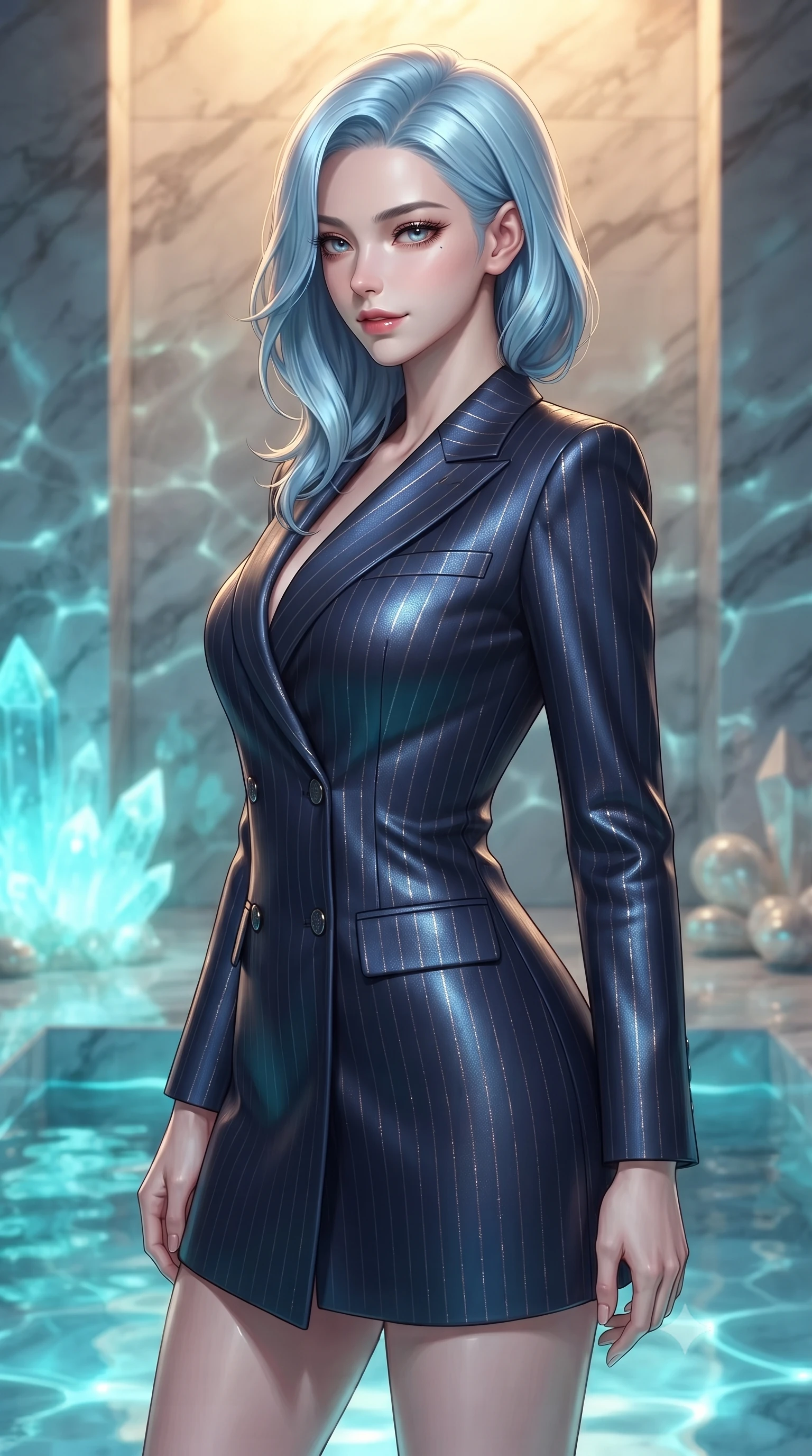 score_9, masterpiece, best quality, ultra-detailed, high-budget anime keyframe, editorial fashion photography, tasteful artistic composition, Korean woman. close-up cowboy shot from the waist and thighs up, the character dominates the composition, filling the frame with her large presence, background elements kept in soft focus. Glancing sidelong over her shoulder with a smoldering half-smile and heavy lashes standing beside a pearl archive sanctuary filled with glowing sea crystals, shimmering water reflections dancing dynamically across the marble walls. She has an exceptionally elegant, slender, and willowy female figure with an ultra-slim waist, a gracefully sculpted slender torso, and a refined silhouette. sharp v-shaped jawline, high-bridge nose, intricate jewel-like eyes with depth, thick eyelashes, glossy lips with a natural sheen. wearing a tailored double-breasted blazer dress in navy with subtle metallic pin-stripes, the glove-like fit emphasizing her statuesque silhouette. illuminated by luminous aqua bioluminescence and warm golden top lighting. ultra-reflective glossy finish, specular highlights, metallic sheen, high-contrast stereoscopic depth, volumetric dynamic lighting, 2k, ultra detail, master piece, 9:16 ratio