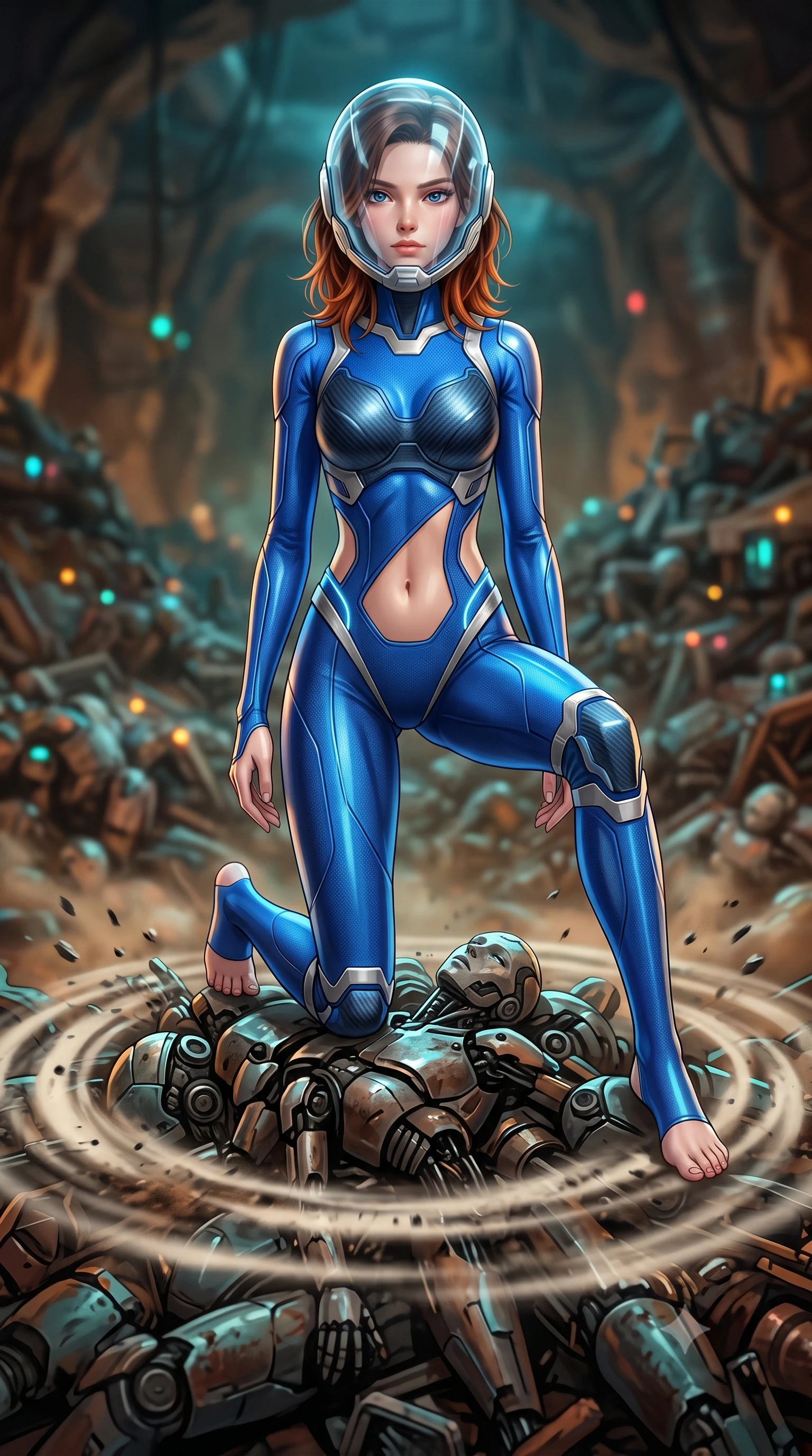 score_9, masterpiece, best quality, ultra-detailed, high-budget anime keyframe, semi-realistic 3D game render, editorial fashion photography, tasteful artistic composition, Korean woman. low angle full-body shot from head to toe showing her feet, filling the entire 9:16 vertical frame with her statuesque presence, stretching her vertical silhouette. landing gracefully from a high-altitude leap on one knee and palm, her statuesque silhouette framed by radial shockwave ripples in the ground while standing poised atop a mountain of discarded cybernetic android chassis in a vast subterranean industrial cavern. The composition keeps background elements in soft focus with creamy bokeh. mountains of rusted android parts and blinking indicator lights blurred into rich amber, turquoise, and rust bokeh. She has an absolutely perfect, statuesque 8.5-heads proportion, an exceptionally tall and slender model-like female figure with impossibly long slender legs, a toned flat midriff, and an ultra-slim waist. sharp v-shaped jawline, high-bridge nose, intricate jewel-like eyes with depth, thick eyelashes, glossy lips with a natural sheen, fierce and resolute heroine expression, flawlessly proportioned anatomical accuracy, strict slender model proportions, natural body alignment, perfectly sculpted long slender limbs, ultra-slim waistline, clean dynamic posture without body distortion. wearing a crystal-clear transparent armored riot-visor helmet showing her entire beautiful face and determined expression with pristine clarity, paired with a form-contouring high-mobility battle-suit featuring sculpted carbon chest plating, diagonal midriff ventilation cutouts, and kinetic knee vambraces in electric cobalt blue carbon with brushed platinum tactical trim, crafted from semi-translucent cybernetic carbon-vinyl interwoven with glowing micro-filaments, accented with glowing fiber-optic telemetry conduits tracing her collarbones and hip curves, the form-contouring material adhering flawlessly to her sculpted flat midriff and slender torso, emphasizing her long leg lines and perfectly proportioned willowy build. illuminated by crisp specular highlights tracing her sculpted flat midriff, bare spine, and slender limbs. rich saturated anime colors with glowing neon highlights, detailed shading with soft gradients, rich glossy textures, high-contrast stereoscopic depth, volumetric dynamic lighting, master piece, 9:16 ratio