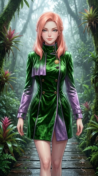 Japanese woman. smiling with quiet, magnetic self-assurance directly into the camera, her sculpted waistline catching specular highlights while stepping gracefully through the misty cloud forest path, her long slender legs and curvy hourglass hips commanding the highland biome. The surrounding environment is rendered in vivid detail and crisp...
