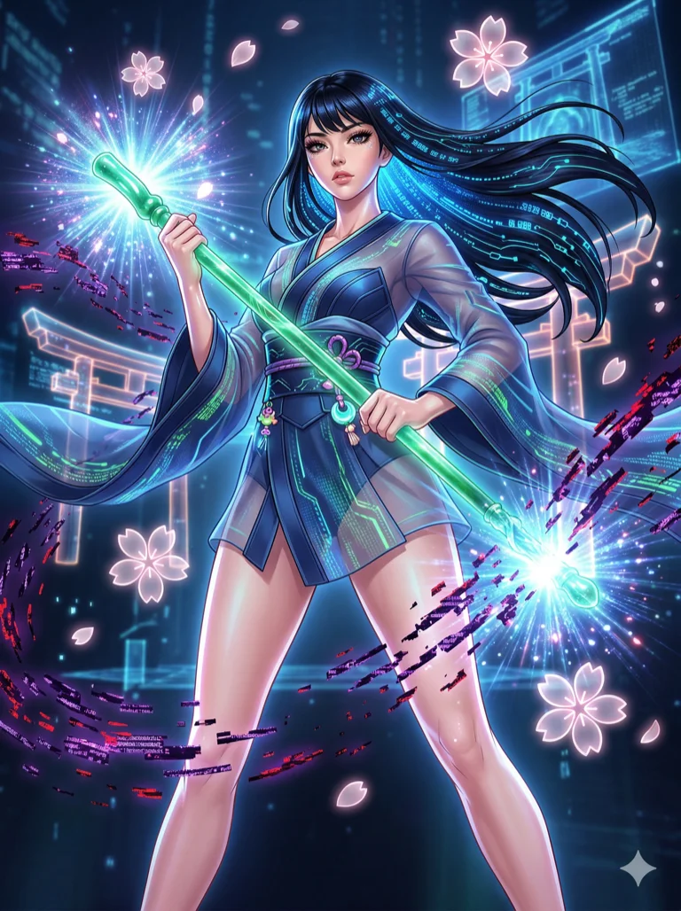 score_9, masterpiece, best quality, ultra-detailed, highend animation style, an incredibly beautiful Japanese woman. Low angle cowboy shot filling the frame. She is a priestess of the digital shrine, purifying corrupted data streams with her glowing jade staff. She has an absolutely perfect 8-heads proportion, an exceptionally tall female figure with long slender legs and a slim-fit toned body. Her face is a highly detailed masterpiece featuring a v-shaped jawline, high-bridge nose, intricate jewel-like eyes, thick eyelashes, and glossy lips. She has raven black flowing hair with glowing blue data patterns. She is wearing a high-cut modern kimono made of sheer fabric, highlighting her alluring silhouette. Floating digital cherry blossoms, dramatic rim lighting, radiant glowing skin, cinematic dynamic light, 2k, ultra detail, master piece, 3:4 ratio