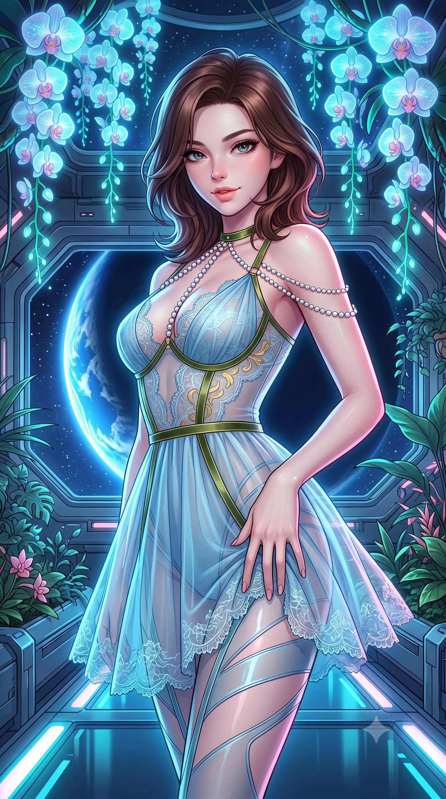 score_9, masterpiece, best quality, ultra-detailed, high-budget anime keyframe, semi-realistic 3D game render, editorial fashion photography, tasteful artistic composition, Korean woman. close-up cowboy shot from the waist and thighs up, the character dominates the composition, filling the frame with her large presence. tilting her head with a teasing half-smile, running one hand slowly down the side of her hip in a flirtatious S-curve as ambient light caresses her silhouette while standing poised beneath cascading tendrils of bioluminescent orchids in the orbital greenhouse, arching her lower back as the glowing blue crescent of planet Earth rotates outside the panoramic window. The surrounding environment is rendered in vivid detail and crisp panoramic clarity: detailed ultra-daring sheer vinyl-trimmed illusion mesh catsuit, translucent cutouts, and sci-fi habitat craft in high resolution. She has an exceptionally elegant, slender, and willowy female figure with an ultra-slim waist, flat toned midriff, narrow ribcage, and sculpted feminine hips creating an alluring, slim hourglass silhouette without bulk. sharp v-shaped jawline, high-bridge nose, intricate jewel-like sparkling eyes with depth, thick eyelashes, glossy parted lips with a natural peach sheen, bright cheerful beaming smile with an enchanting and coquettish sensual glint, exuding both youthful cute charm and seductive allure, flawlessly proportioned anatomical accuracy, strict slender model proportions, natural body alignment, perfectly sculpted long slender limbs, ultra-slim waistline, clean dynamic posture without body distortion. wearing a provocative semi-sheer icy blue tulle cocktail dress with velvet ribbon piping contouring her narrow waist and hips in Gion antique matcha green and gilded gold leaf, made of delicate semi-sheer French Chantilly lace with intricate eyelash edges, accented with a pearl-drop body harness subtly framing her dewy collarbones and spine, the form-contouring silhouette accentuating her sculpted flat midriff, narrow delicate ribcage, and gracefully curvy hips with intoxicating allure. illuminated by floor reflection fill and sharp electric-cyan and rose rim lights defining her dewy collarbones, ultra-slim waist, and curvy hips. highly saturated vibrant anime colors, detailed shading with soft gradients, rich glossy textures, high-contrast stereoscopic depth, volumetric dynamic lighting, master piece, 9:16 ratio