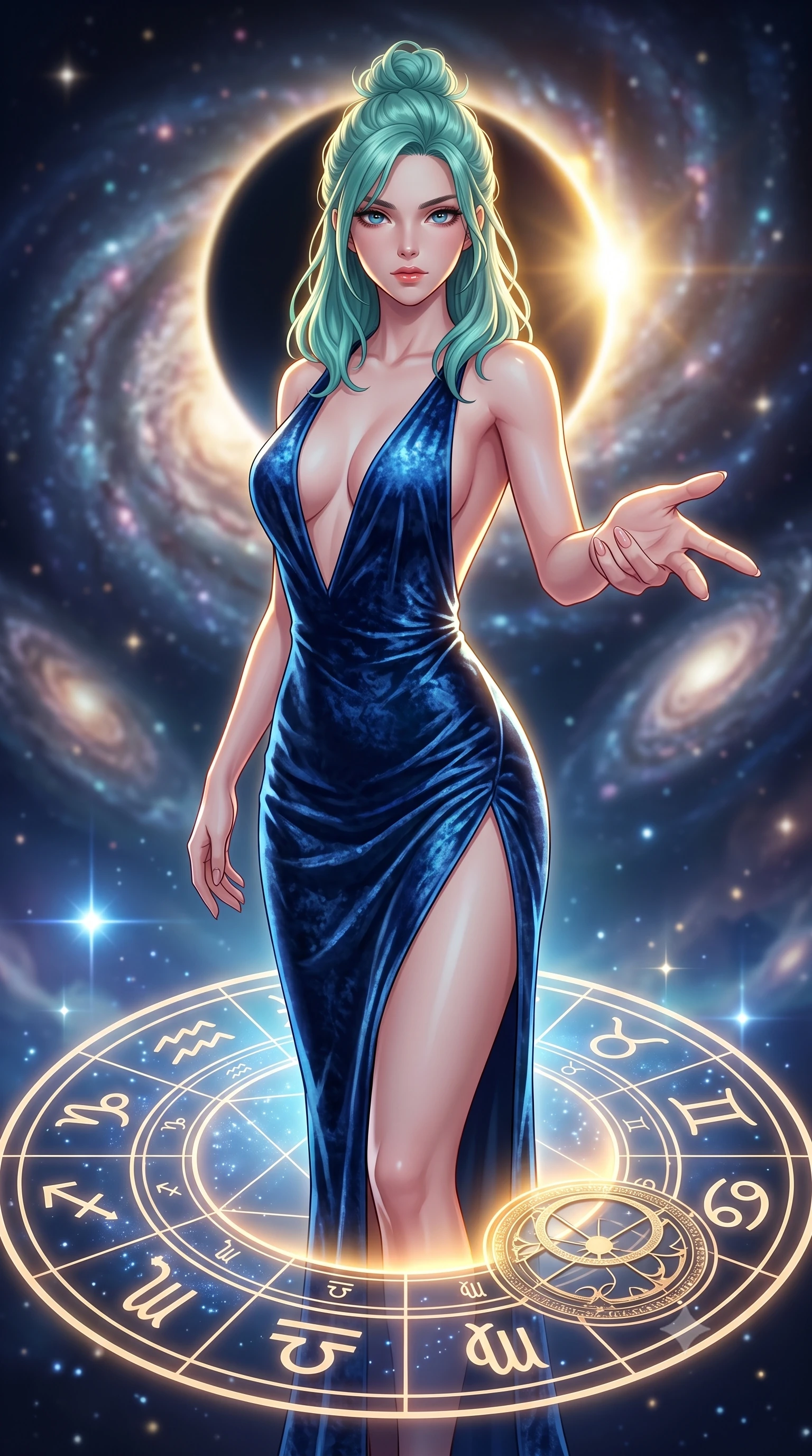 score_9, masterpiece, best quality, ultra-detailed, high-budget anime keyframe, editorial fashion photography, tasteful artistic composition, Japanese woman. close-up cowboy shot from the waist and thighs up, the character dominates the composition, filling the frame with her large presence, background elements kept in soft focus. Reaching one hand gracefully toward the viewer with effortless superiority and allure standing on a floating zodiac dial beneath a swirling spiral nebula, a cosmic eclipse casting brilliant golden rim highlights. She has an exceptionally elegant, slender, and willowy female figure with an ultra-slim waist, a gracefully sculpted slender torso, and a refined silhouette. sharp v-shaped jawline, high-bridge nose, intricate jewel-like eyes with depth, thick eyelashes, glossy lips with a natural sheen. wearing a backless crushed velvet gown with a deep plunging V-neckline and a high thigh slit, the sleek second-skin texture accentuating her magnetic presence. illuminated by brilliant starlight and warm golden inner glow from the astrolabe. highly saturated vibrant anime colors, detailed shading with soft gradients, rich glossy textures, high-contrast stereoscopic depth, volumetric dynamic lighting, master piece, 9:16 ratio