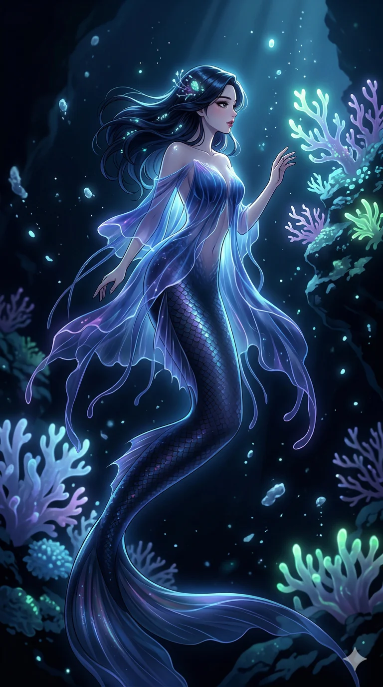 score_9, masterpiece, best quality, ultra-detailed, high-budget anime keyframe, an incredibly beautiful Korean woman. Full-body shot stretching the vertical silhouette, dominating the 9:16 frame. She is an abyssal mermaid exploring a coral reef. She has an absolutely perfect 8-heads proportion, an exceptionally tall and slender female figure with impossibly long slender legs and an ultra-slim waist. Her face is a flawless masterpiece with a sharp v-shaped jawline, high-bridge nose, expressive jewel-like eyes, thick eyelashes, and perfectly glossy lips. She is wearing a bio-luminescent jellyfish-inspired translucent dress. A deep sea trench with glowing corals and floating light particles, dramatic rim lighting., 2k, ultra detail, master piece, 9:16 ratio
