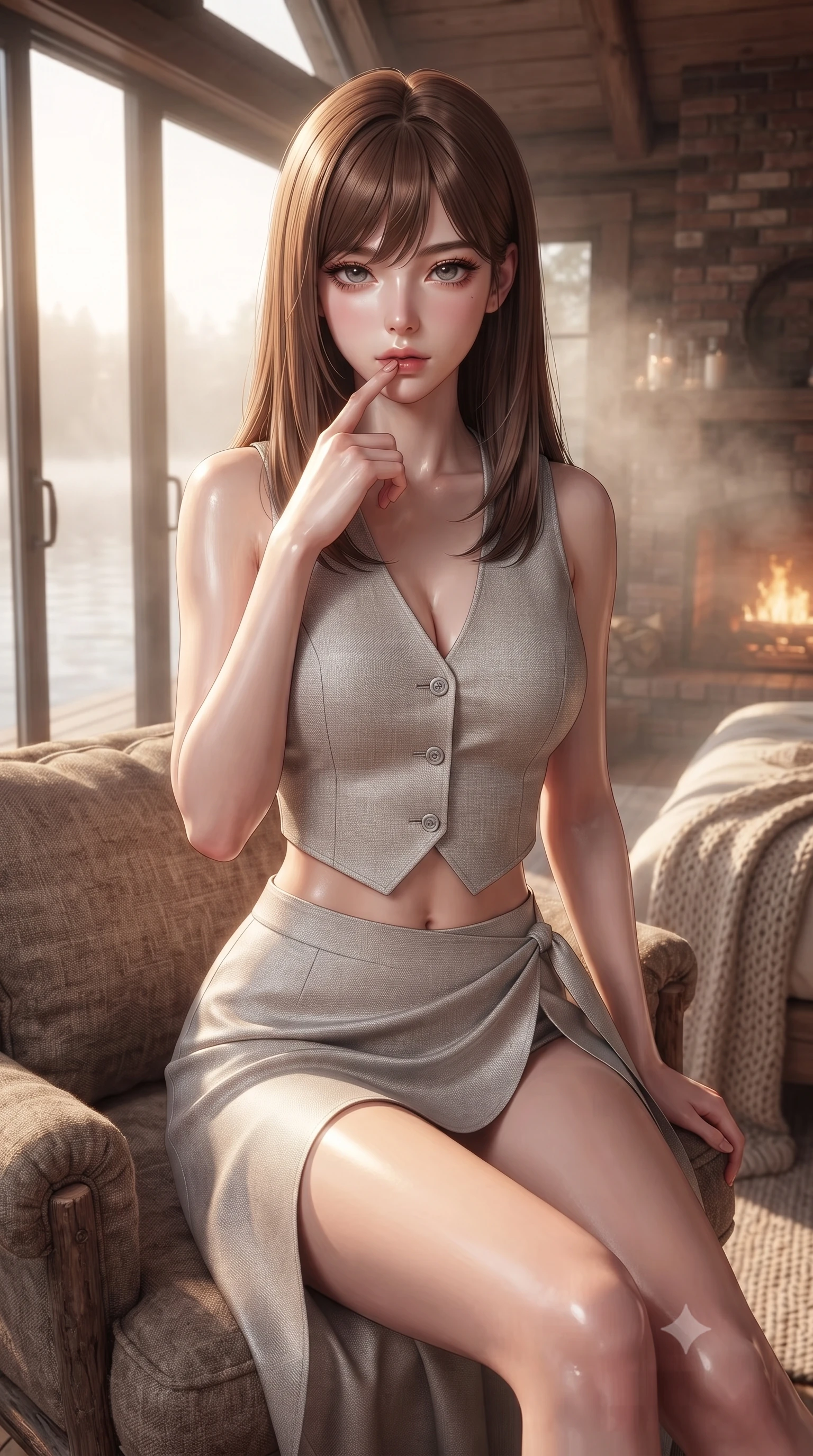 score_9, masterpiece, best quality, ultra-detailed, high-budget anime keyframe, editorial fashion photography, tasteful artistic composition, Korean woman woman. close-up cowboy shot from the waist and thighs up, the character dominates the composition, filling the frame with her large presence, background elements kept in soft focus. pressing one finger to her bottom lip in a thoughtful, seductive gesture under the warm sun the background shows a soft-focus a rustic bedroom of a lakeside cabin, facing a large glass window looking out at misty waters. She has an exceptionally elegant, slender, and willowy female figure with an ultra-slim waist, a gracefully sculpted slender torso, and a refined silhouette. sharp v-shaped jawline, high-bridge nose, intricate jewel-like eyes with depth, thick eyelashes, glossy lips with a natural sheen. wearing a form-contouring tailored crop vest in light grey linen paired with a matching high-slit wrap skirt, showing her slim waist. soft morning mist diffusing the warm light of a brick fireplace. ultra-reflective glossy finish, specular highlights, metallic sheen, high-contrast stereoscopic depth, volumetric dynamic lighting, 2k, ultra detail, master piece, 9:16 ratio
