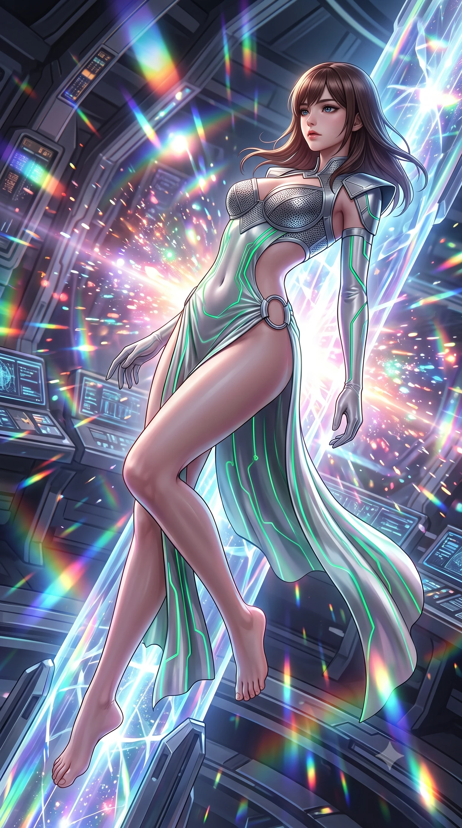 score_9, masterpiece, best quality, ultra-detailed, high-budget anime keyframe, semi-realistic 3D game render, editorial fashion photography, tasteful artistic composition, Korean woman. low angle full-body shot from head to toe showing her feet, filling the entire 9:16 vertical frame with her statuesque presence, stretching her vertical silhouette. arching her spine in a fluid zero-gravity turn with sovereign grace, her long slender legs and sculpted torso creating a sweeping line while drifting gracefully along a crystalline energy conduit as bursts of rainbow subatomic particles illuminate her contour. The surrounding environment is rendered in vivid detail and crisp panoramic clarity. intricate warp core containment field lattices, starship bridge consoles, and prism light shafts in high clarity. She has an absolutely perfect, statuesque 8.5-heads proportion, an exceptionally tall and slender model-like female figure with impossibly long slender legs, a toned flat midriff, and an ultra-slim waist. sharp v-shaped jawline, high-bridge nose, intricate jewel-like eyes with depth, thick eyelashes, glossy lips with a natural sheen, flawlessly proportioned anatomical accuracy, strict slender model proportions, natural body alignment, perfectly sculpted long slender limbs, ultra-slim waistline, clean dynamic posture without body distortion. wearing a structured titanium-mesh bustier with geometric shoulder pauldrons and an ultra-slender liquid jersey drape in radiant emerald green circuit lines and polished silver sheen, made of smooth flowing silk chiffon that shifts colors with movement, detailed with polished silver rings connecting the daring side-waist cutouts, the glove-like aerodynamic second-skin fit tightly clinging to her ultra-slender waist and athletic curves without adding bulk, accentuating her razor-sharp statuesque lines and slim hourglass silhouette. bathed in brilliant white-hot warp core radiance and saturated rainbow particle prism refractions. rich saturated anime colors with glowing neon highlights, detailed shading with soft gradients, rich glossy textures, high-contrast stereoscopic depth, volumetric dynamic lighting, master piece, 9:16 ratio
