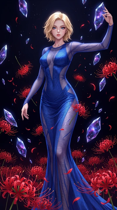 score_9, masterpiece, best quality, ultra-detailed, High-budget Anime Keyframe, Caucasian woman, strictly human ears. Low angle cowboy shot filling the entire 9:16 frame with her statuesque presence. Scenario 415: dancing amidst falling red spider li