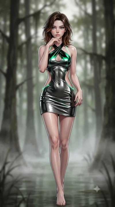 score_9, masterpiece, best quality, ultra-detailed, high-budget anime keyframe, semi-realistic 3D game render, editorial fashion photography, tasteful artistic composition, Korean woman. low angle full-body shot from head to toe showing her feet, fil