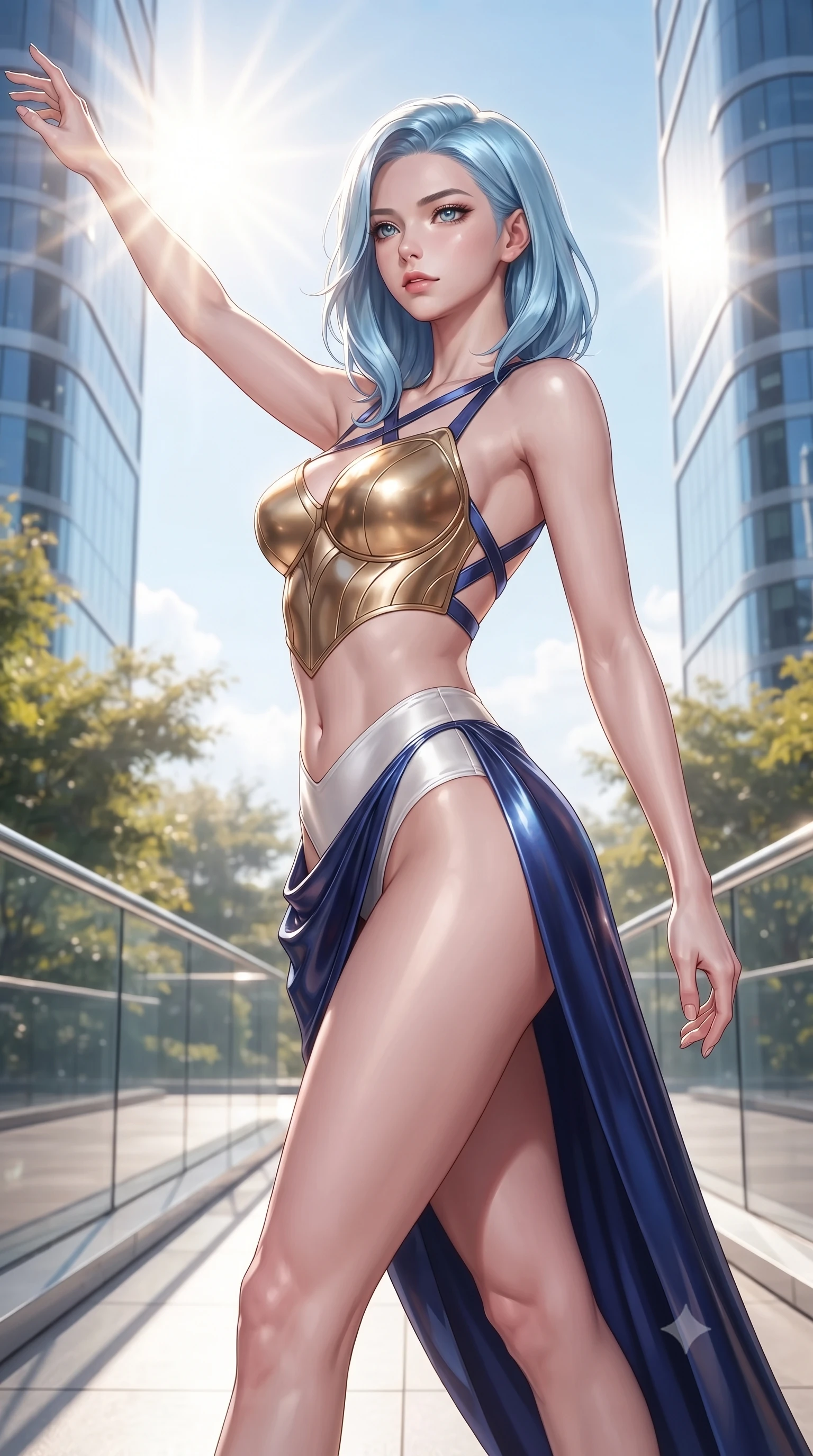 score_9, masterpiece, best quality, ultra-detailed, high-budget anime keyframe, editorial fashion photography, tasteful artistic composition, Korean woman. close-up cowboy shot from the waist and thighs up, the character dominates the composition, filling the frame with her large presence. extending one arm gracefully toward the light while her torso arches in a sleek, alluring curve with magnetic intensity while stepping along a verdant sky-garden walkway suspended between twin gleaming architectural towers. The composition keeps background elements in soft focus with creamy bokeh. sunlit sky-garden foliage and modern glass railings softened in clean shallow focus. She has an exceptionally elegant, slender, and willowy female figure with an ultra-slim waist, a gracefully sculpted slender torso, toned flat midriff, and a refined slim silhouette. sharp v-shaped jawline, high-bridge nose, intricate jewel-like eyes with depth, thick eyelashes, glossy lips with a natural sheen, flawlessly proportioned anatomical accuracy, strict slender model proportions, natural body alignment, perfectly sculpted long slender limbs, ultra-slim waistline, clean dynamic posture without body distortion. wearing a sculpted golden breastplate bodice paired with high-cut white satin briefs and a fluid draped side skirt in deep royal navy blue and specular chrome, crafted from ultra-reflective second-skin latex with a high-gloss glass-like polish, complemented by criss-cross back straps highlighting her completely bare spine, the form-contouring material adhering flawlessly to her sculpted flat midriff and slender torso, emphasizing her long leg lines and perfectly proportioned willowy build. bathed in brilliant high-noon sunbursts and rich sky-blue ambient bounce light. ultra-reflective glossy finish, specular highlights, metallic sheen, high-contrast stereoscopic depth, volumetric dynamic lighting, 2k, ultra detail, master piece, 9:16 ratio