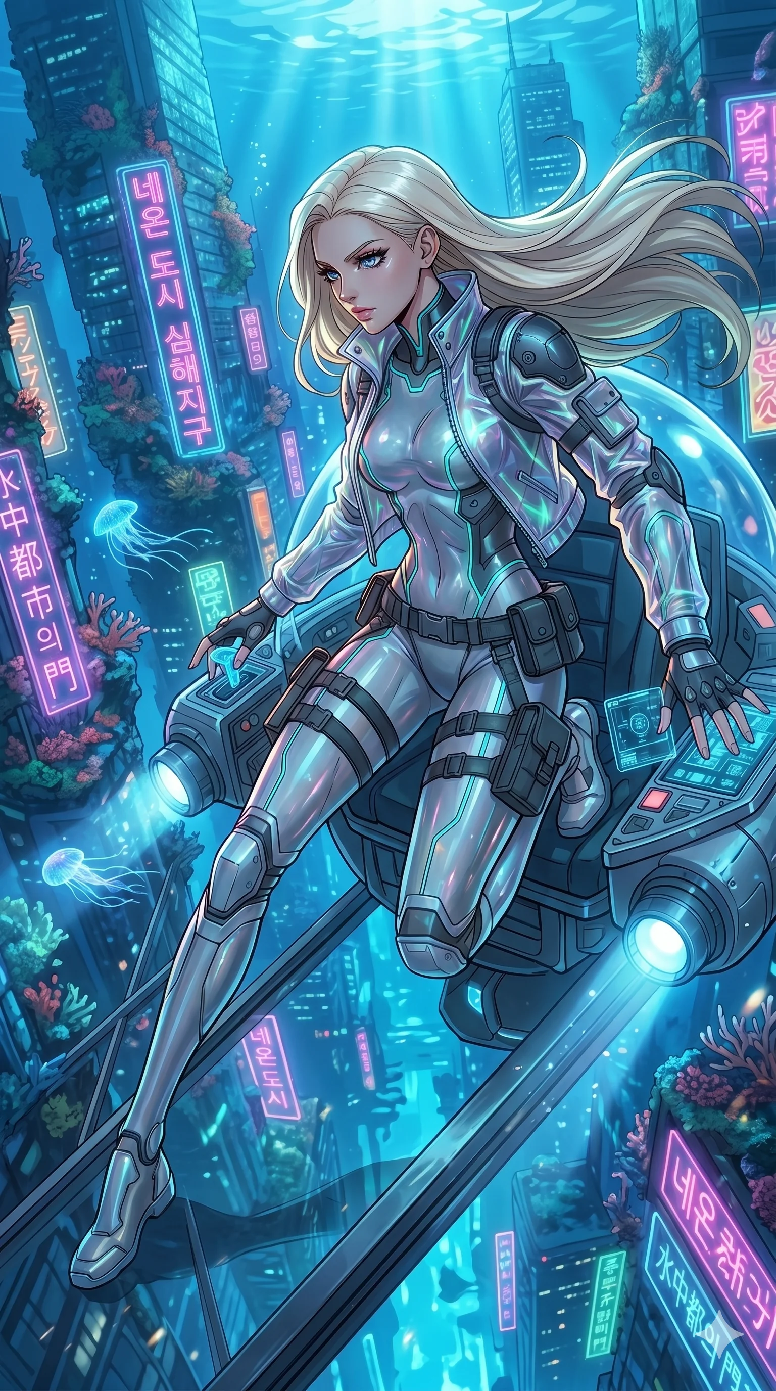 score_9, masterpiece, best quality, ultra-detailed, high-budget anime movie keyframe, cinematic anime lighting, intricate line art, Japanese woman. Dynamic full-body shot stretching the vertical silhouette with extreme perspective. piloting a underwater submersible through a submerged neon city. She has an absolutely perfect 8-heads proportion, an exceptionally tall and slender female figure with an ultra-slim waist and impossibly long slender legs. strictly human anatomy, two legs only, no extra limbs, clearly defined legs and arms, perfect anatomy, perfect hands and fingers. sharp v-shaped jawline, high-bridge nose, intricate jewel-like eyes, thick eyelashes, glossy lips. Wearing Tech-Fantasy: Cybernetic tech-suit with glowing seams, translucent PVC over leotard, and modular tactical gear. The scene is illuminated by dramatic atmospheric lighting and vibrant color palettes. , 2k, ultra detail, master piece, 9:16 ratio