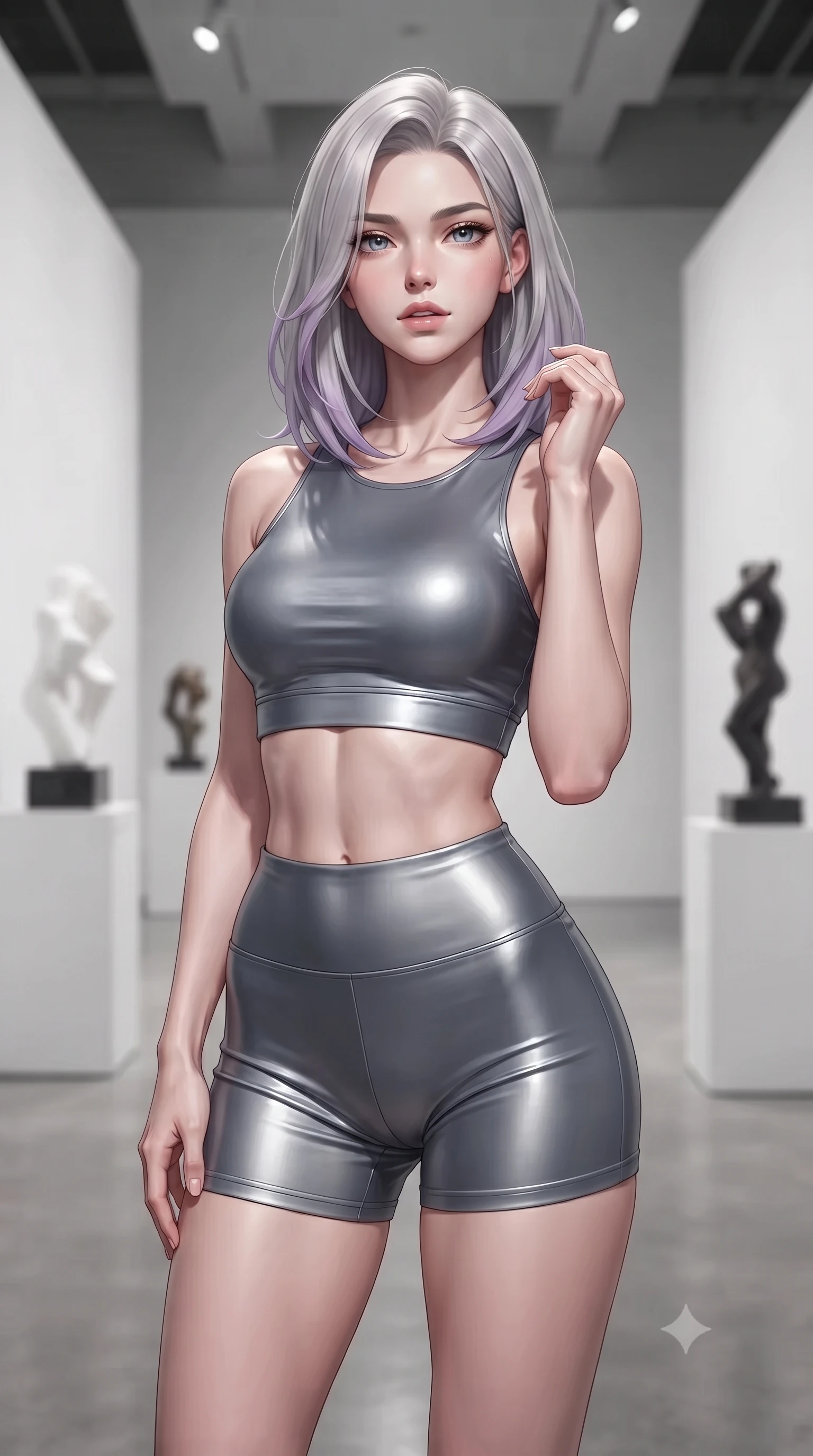 score_9, masterpiece, best quality, ultra-detailed, high-budget anime keyframe, editorial fashion photography, tasteful artistic composition, Caucasian woman. close-up cowboy shot from the waist and thighs up, the character dominates the composition, filling the frame with her large presence, background elements kept in soft focus. tilting her chin up slightly with lips parted in a composed, provocative expression the background shows a soft-focus a modern art gallery hall with stark white walls and minimalist abstract sculptures. She has an exceptionally elegant, slender, and willowy female figure with an ultra-slim waist, a gracefully sculpted slender torso, and a refined silhouette. sharp v-shaped jawline, high-bridge nose, intricate jewel-like eyes with depth, thick eyelashes, glossy lips with a natural sheen. wearing a tailored body-hugging athletic crop top and high-waisted shorts set in slate grey. focused museum spotlights casting clean, structured lighting over her figure. ultra-reflective glossy finish, specular highlights, metallic sheen, high-contrast stereoscopic depth, volumetric dynamic lighting, 2k, ultra detail, master piece, 9:16 ratio