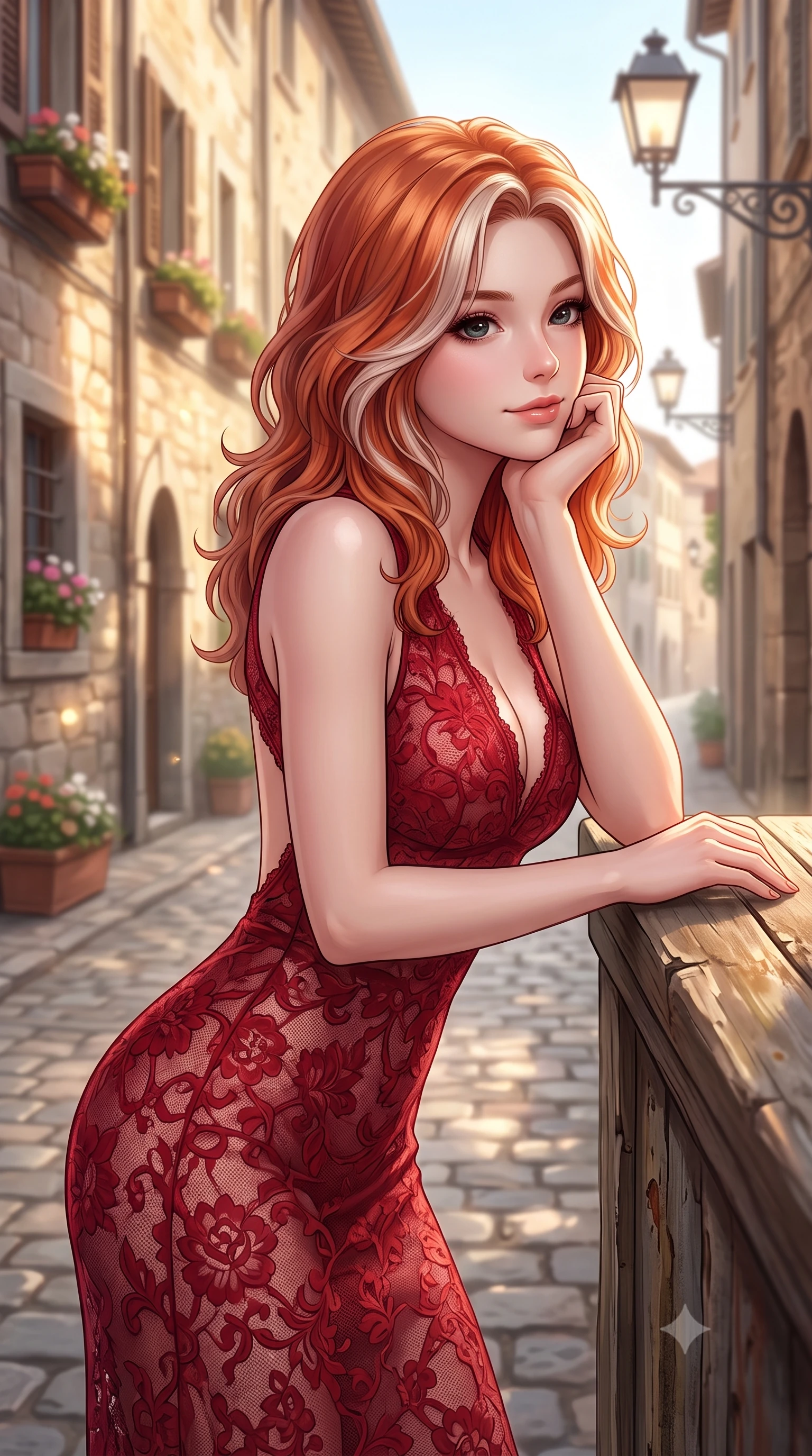 score_9, masterpiece, best quality, ultra-detailed, high-budget anime keyframe, editorial fashion photography, tasteful artistic composition, Caucasian woman woman. close-up cowboy shot from the waist and thighs up, the character dominates the composition, filling the frame with her large presence, background elements kept in soft focus. resting her chin on her hand, looking out at the beautiful scenery with a soft smile the background shows a soft-focus a narrow cobblestone street in an old European town, lined with flower boxes and street lamps. She has an exceptionally elegant, slender, and willowy female figure with an ultra-slim waist, a gracefully sculpted slender torso, and a refined silhouette. sharp v-shaped jawline, high-bridge nose, intricate jewel-like eyes with depth, thick eyelashes, glossy lips with a natural sheen. wearing a form-contouring semi-opaque lace dress in crimson red, featuring a plunging V-neckline and open back. soft afternoon sunbeams reflecting off the stone walls and pavement. 2k, ultra detail, master piece, 9:16 ratio