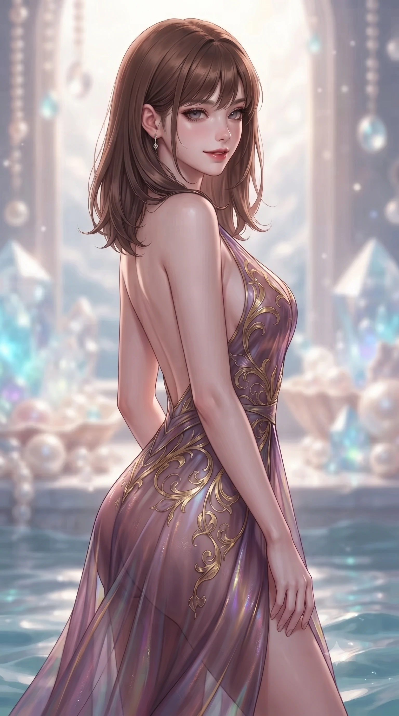 score_9, masterpiece, best quality, ultra-detailed, high-budget anime keyframe, editorial fashion photography, tasteful artistic composition, Korean woman. close-up cowboy shot from the waist and thighs up, the character dominates the composition, filling the frame with her large presence, background elements kept in soft focus. Glancing sidelong over her shoulder with a smoldering half-smile and heavy lashes standing beside a pearl archive sanctuary filled with glowing sea crystals, gentle ocean currents swaying her attire in fluid underwater motions. She has an exceptionally elegant, slender, and willowy female figure with an ultra-slim waist, a gracefully sculpted slender torso, and a refined silhouette. sharp v-shaped jawline, high-bridge nose, intricate jewel-like eyes with depth, thick eyelashes, glossy lips with a natural sheen. wearing a translucent iridescent chiffon gown with a plunging neckline and open back in plum purple and gold filigree, tailored from high-gloss patent leather, accented with a Tasteful chest slit framing her clavicle gracefully, the tailored fabric tightly following every curve of her athletic build. lit by clear sun-drenched sea light with soft ethereal shadows. ultra-reflective glossy finish, specular highlights, metallic sheen, high-contrast stereoscopic depth, volumetric dynamic lighting, 2k, ultra detail, master piece, 9:16 ratio