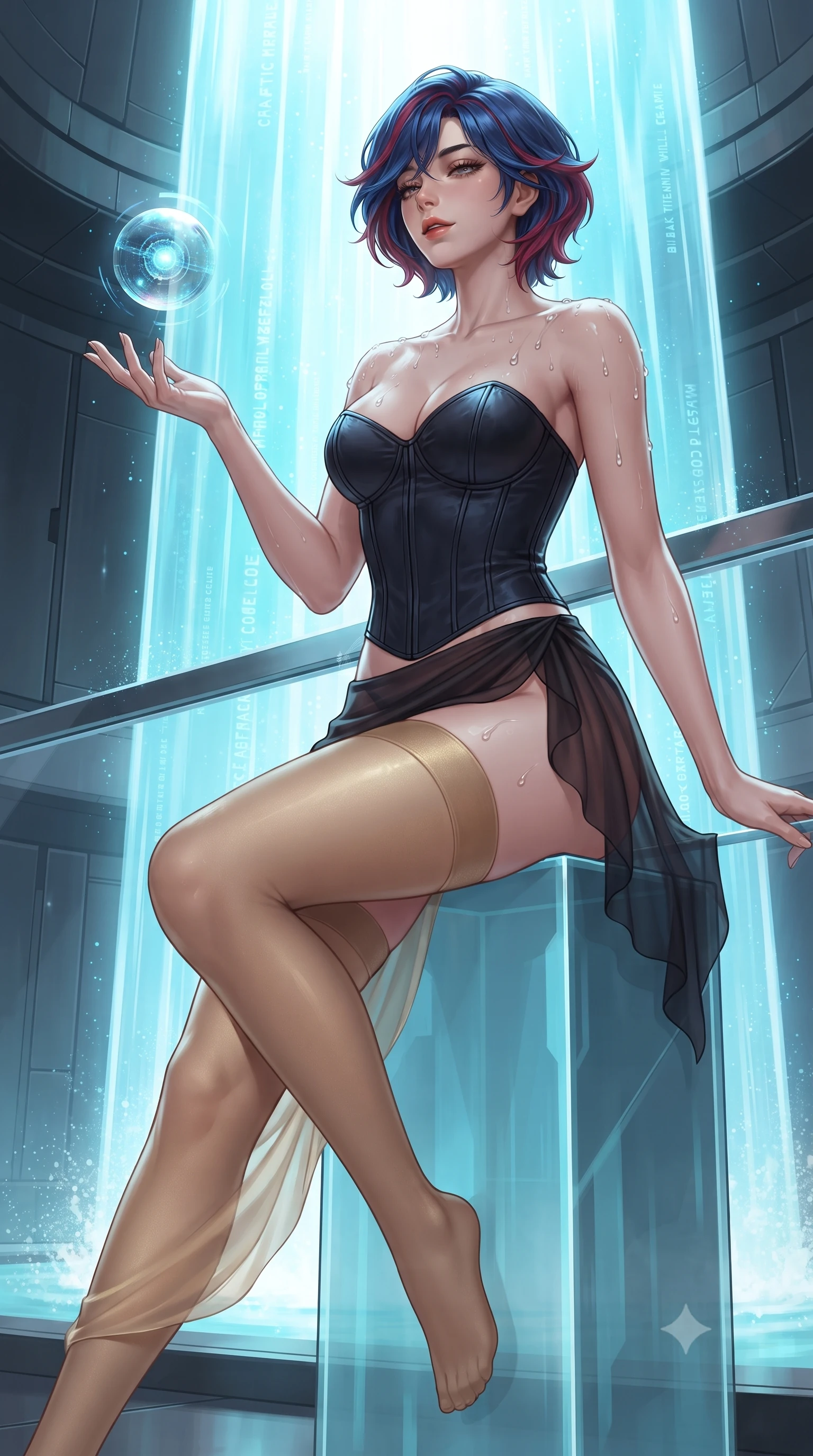 score_9, masterpiece, best quality, ultra-detailed, high-budget anime keyframe, editorial fashion photography, tasteful artistic composition, Korean woman. close-up cowboy shot from the waist and thighs up, the character dominates the composition, filling the frame with her large presence. leaning back against the balustrade with relaxed seductive grace, head tilted back slightly while casting a hypnotic, heavy-lidded gaze while perched sideways on a glass monolith with legs crossed, holding a floating digital data orb with effortless cyber-queen charm. The surrounding environment is rendered in vivid detail and crisp panoramic clarity: sharp holographic waterfall code particle edges, glass stepping stone beveled corners, and black titanium wall seams in deep focus. She has an exceptionally elegant, slender, and willowy female figure with an ultra-slim waist, flat toned midriff, narrow ribcage, and sculpted feminine hips creating an alluring, slim hourglass silhouette without bulk. sharp v-shaped jawline, high-bridge nose, sparkling eyes with hypnotic seductive depth, thick curled eyelashes, glossy parted lips with a natural dewy peach sheen, alluring bedroom-eyes with an enchanting coquettish smile, exuding magnetic siren charisma and sophisticated glamour, flawlessly proportioned anatomical accuracy, strict slender model proportions, natural body alignment, perfectly sculpted long slender limbs, ultra-slim waistline, clean dynamic posture without body distortion. wearing a structured boned leatherette corset bodice paired with an ultra-short micro-wrap mini skirt and sheer thigh-high stockings in midnight obsidian black and liquid champagne gold, made of sheer gossamer chiffon that drapes softly against skin with airy translucence, finished with glistening drops of pool water beading across her sculpted shoulders and collarbones, the high-slit wrap tailoring accentuating her ultra-slim waistline and the enchanting curve of her feminine hips with alluring seductive charm. bathed in brilliant cascading cyan and white light radiating from the monumental holographic waterfall. ultra-reflective glossy finish, specular highlights, rich textural contrasts, high-contrast stereoscopic depth, volumetric dynamic lighting, 2k, ultra detail, master piece, 9:16 ratio