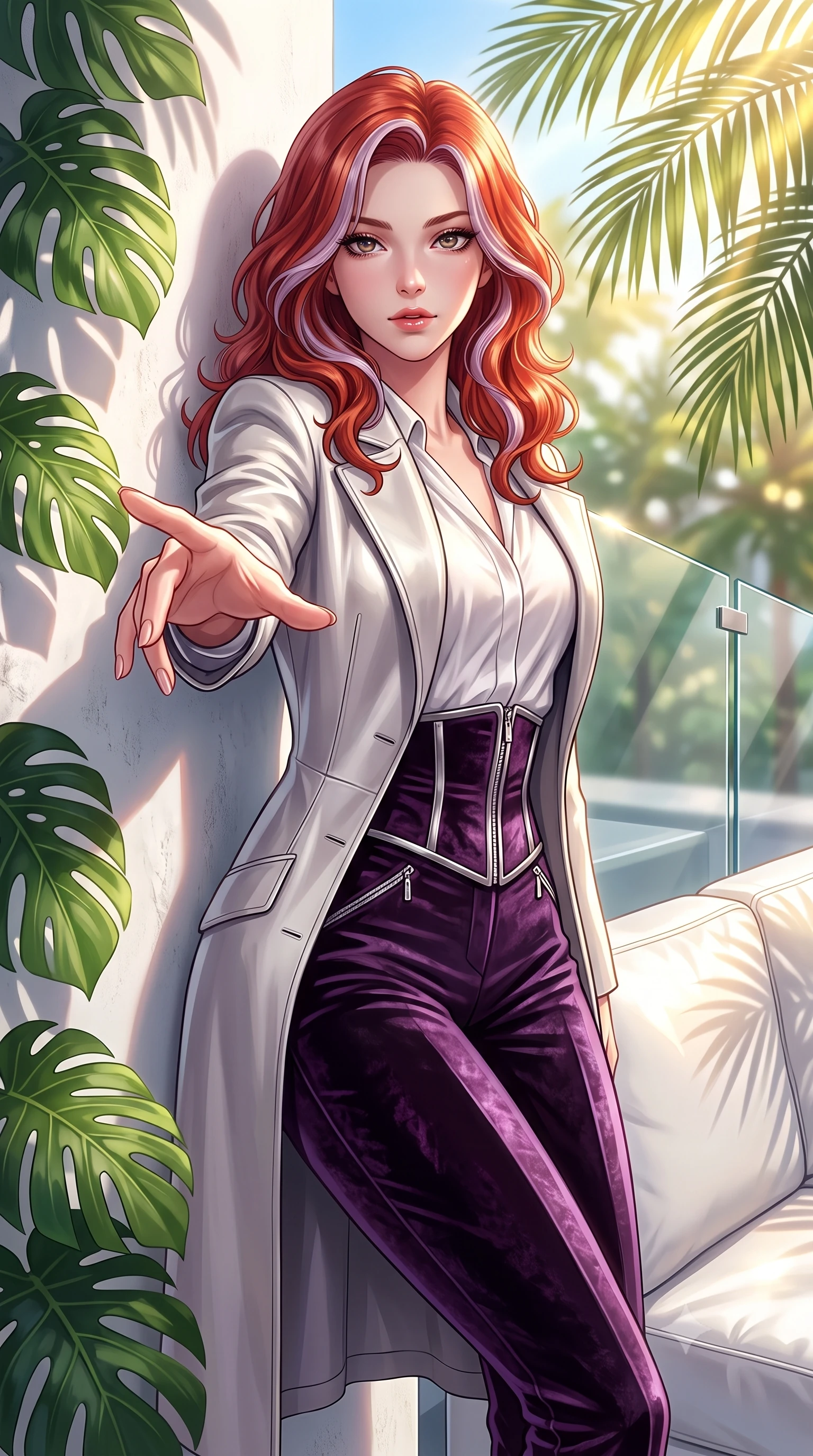 score_9, masterpiece, best quality, ultra-detailed, high-budget anime keyframe, editorial fashion photography, tasteful artistic composition, Caucasian woman. close-up cowboy shot from the waist and thighs up, the character dominates the composition, filling the frame with her large presence, background elements kept in soft focus. Reaching one hand toward the viewer with relaxed sensual elegance, resting against a white plaster wall wrapped in lush green monstera shadows, bright sunlight glinting off white leather and polished glass balustrades. She has an exceptionally elegant, slender, and willowy female figure with an ultra-slim waist, a gracefully sculpted slender torso, and a refined silhouette. sharp v-shaped jawline, high-bridge nose, intricate jewel-like eyes with depth, thick eyelashes, glossy lips with a natural sheen. wearing structured platinum leather long coat over white silk blouse and tailored slacks in dark plum violet, made of crushed dark silk velvet, finished with metallic silver boning and sleek zipper points, the fitted fabric emphasizing her ultra-slim waist. bathed in bright golden sunlight filtering through tropical palm fronds. highly saturated vibrant anime colors, detailed shading with soft gradients, rich glossy textures, high-contrast stereoscopic depth, volumetric dynamic lighting, master piece, 9:16 ratio