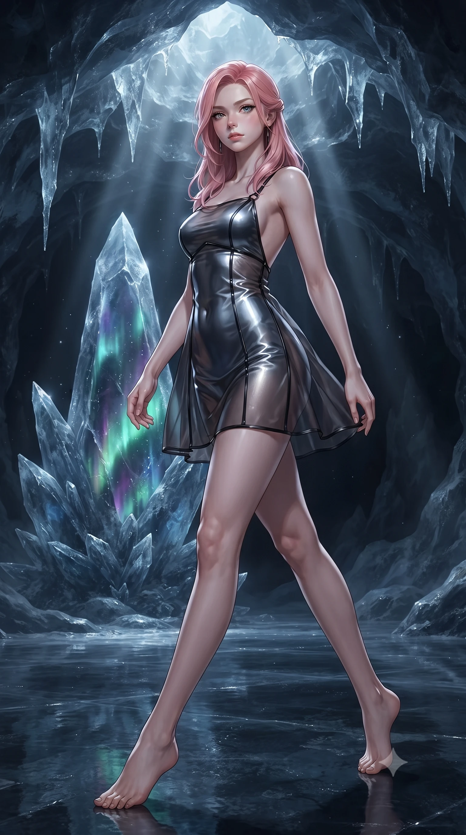 score_9, masterpiece, best quality, ultra-detailed, high-budget anime keyframe, editorial fashion photography, tasteful artistic composition, Japanese woman. low angle full-body shot from head to toe showing her feet, filling the entire 9:16 vertical frame with her statuesque presence, stretching her vertical silhouette. stepping gracefully through the dark environment, stretching her statuesque silhouette, poised before a colossal frozen shadow crystal trapping dark aurora light, dark aurora rays flickering silently through frozen ice ceilings. She has an absolutely perfect, statuesque 8.5-heads proportion, an exceptionally tall and slender model-like female figure with impossibly long slender legs and an ultra-slim waist. sharp v-shaped jawline, high-bridge nose, intricate jewel-like eyes with depth, thick eyelashes, glossy lips with a natural sheen. wearing backless liquid vinyl mini slip dress with bare shoulder neckline in metallic dark silver, made of sheer dark organza overlay, adorned with minimalist black onyx hardware framing the silhouette, sculpting her athletic slender build with refined precision. bathed in cold silver moonlight and deep cobalt shadow reflections. ultra-reflective glossy finish, specular highlights, metallic sheen, high-contrast stereoscopic depth, volumetric dynamic lighting, 2k, ultra detail, master piece, 9:16 ratio