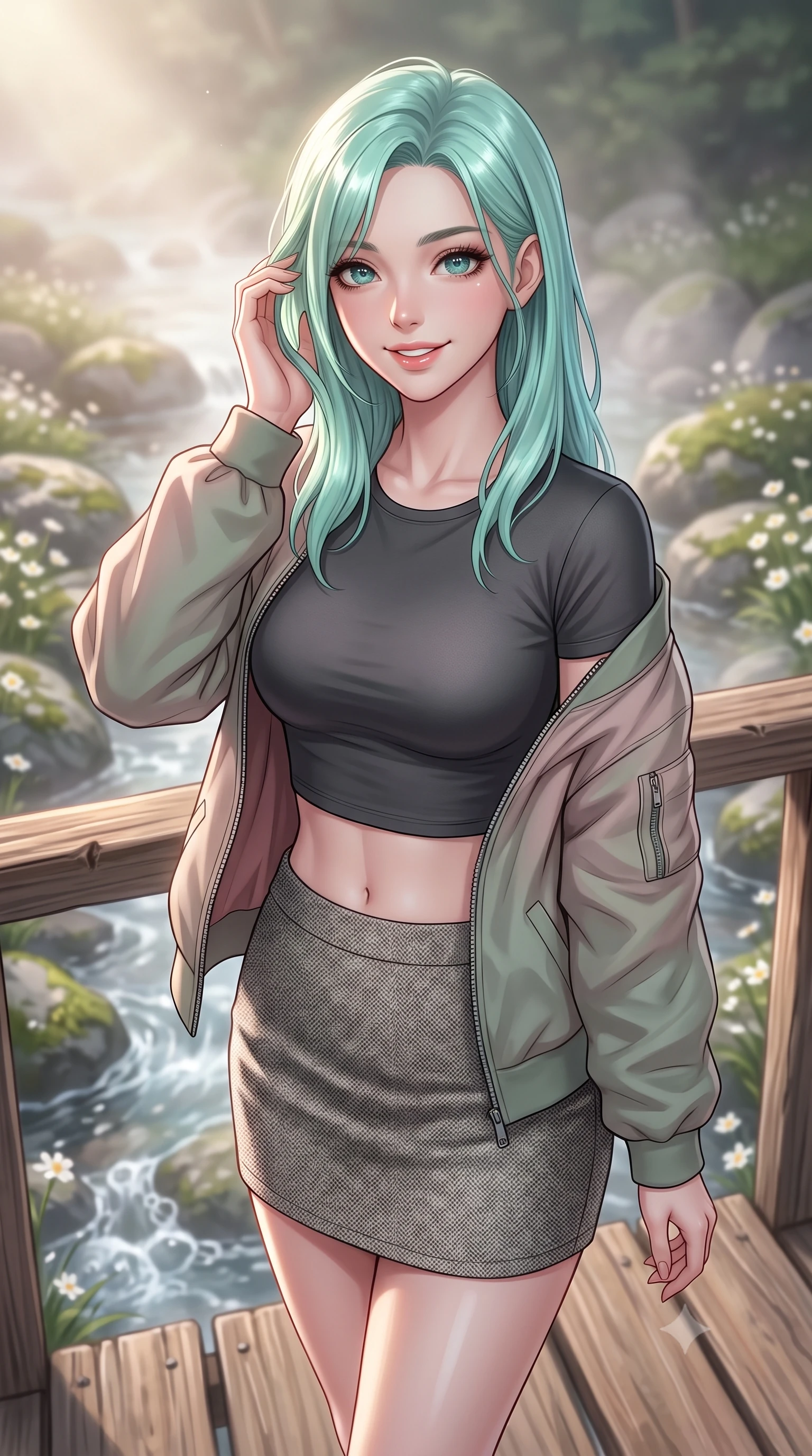 score_9, masterpiece, best quality, ultra-detailed, high-budget anime keyframe, editorial fashion photography, tasteful artistic composition, Japanese woman. close-up cowboy shot from the waist and thighs up, the character dominates the composition, filling the frame with her large presence, background elements kept in soft focus. smiling cutely while gently brushing a strand of hair behind her ear set against a soft-focus background of on a rustic wooden bridge crossing a shallow, bubbling valley stream with small white wildflowers growing between the mossy river rocks. She has an exceptionally elegant, slender, and willowy female figure with an ultra-slim waist, a gracefully sculpted slender torso, and a refined silhouette. sharp v-shaped jawline, high-bridge nose, intricate jewel-like eyes with depth, thick eyelashes, glossy lips with a natural sheen. wearing slim-fit modern crop top shirt paired with a mini skirt and an unzipped light bomber jacket. soft morning mist rising from the stream, diffusing the warm starlight. ultra-reflective glossy finish, specular highlights, metallic sheen, high-contrast stereoscopic depth, volumetric dynamic lighting, 2k, ultra detail, master piece, 9:16 ratio