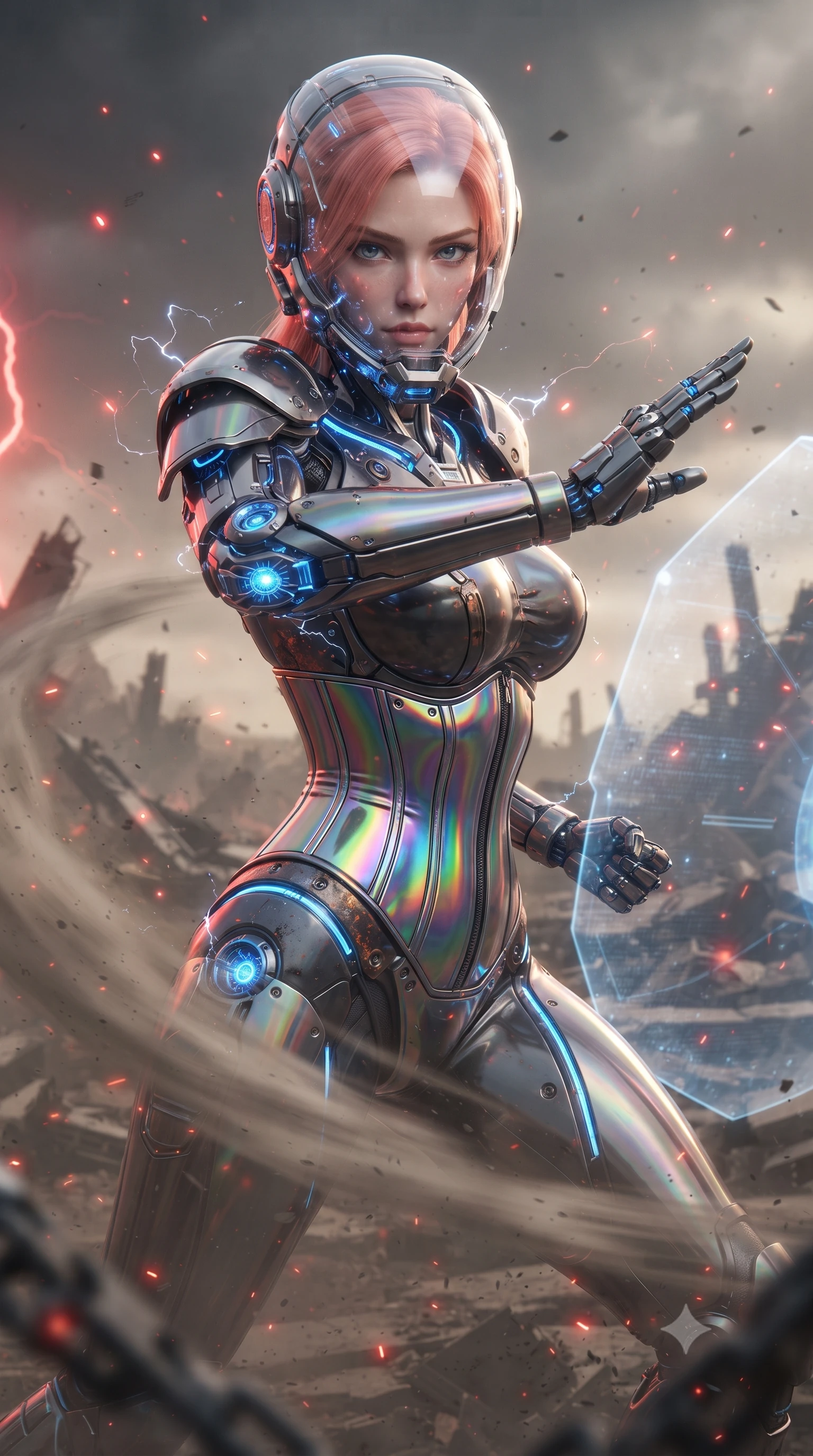 score_9, masterpiece, best quality, ultra-detailed, high-budget anime keyframe, editorial fashion photography, tasteful artistic composition, Japanese woman. close-up cowboy shot from the waist and thighs up, the character dominates the composition, filling the frame with her large presence. twisting her upper body in a dynamic S-curve martial arts stance, cybernetic elbow dampers glowing with blue energy as she aims a focused palm strike while pivoting dynamically as an ash whirlwind erupts around her, striking a grounded Panzer Kunst defensive guard. The composition keeps background elements in soft focus with creamy bokeh. sparkling static electricity arcs scattering glowing red light motes across a desolated wasteland backdrop. She has an exceptionally elegant, slender, and willowy female figure with an ultra-slim waist, a gracefully sculpted slender torso, toned flat midriff, and a refined slim silhouette. sharp v-shaped jawline, high-bridge nose, intricate jewel-like eyes with depth, thick eyelashes, glossy lips with a natural sheen, fierce and resolute heroine expression, flawlessly proportioned anatomical accuracy, strict slender model proportions, natural body alignment, perfectly sculpted long slender limbs, ultra-slim waistline, clean dynamic posture without body distortion. wearing a crystal-clear transparent armored riot-visor helmet showing her entire beautiful face and determined expression with pristine clarity, paired with a statuesque high-fashion cyber-warrior armor suit with platinum bevels, heavy articulated shoulder guards, and an ultra-slim waist-cinching corset in high-gloss iridescent rainbow carbon with scorched titanium plating, formed from high-gloss patent carbon-plating with specular dystopian chiaroscuro reflections, accented with glowing fiber-optic telemetry conduits tracing her collarbones and hip curves, the sleek second-skin cut tightly hugging her graceful clavicle, narrow waist, and feminine curves with athletic precision. bathed in eerie crimson lightning storm backlighting and ominous dark ash ambient fill. ultra-reflective glossy finish, specular highlights, dark metallic sheen, high-contrast stereoscopic depth, volumetric dynamic lighting, 2k, ultra detail, master piece, 9:16 ratio