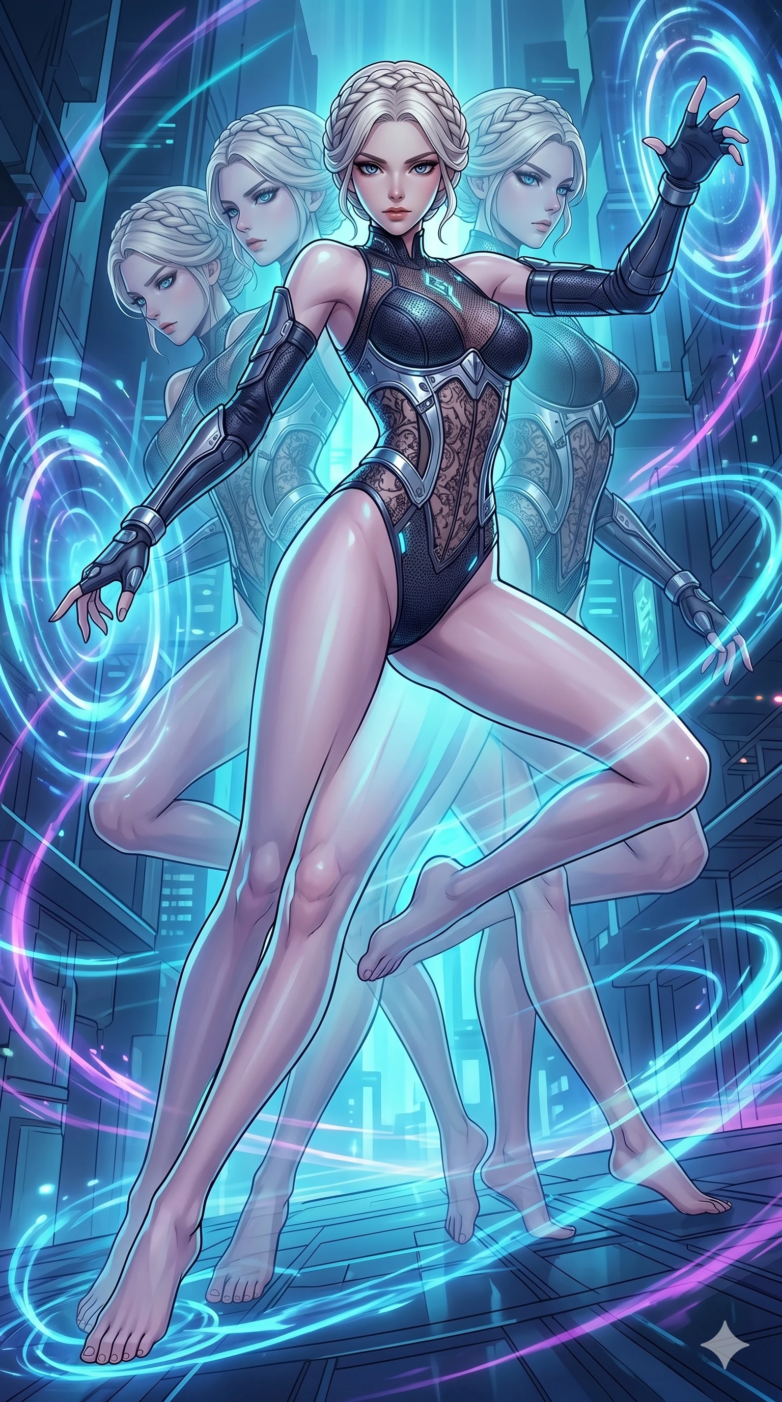 score_9, masterpiece, best quality, ultra-detailed, high-budget anime movie keyframe, cinematic anime lighting, intricate line art, Japanese anime girl. Dynamic full-body shot stretching the vertical silhouette with extreme perspective. manipulating the flow of time, creating multiple echoes of herself. She has an absolutely perfect 8-heads proportion, an exceptionally tall and slender female figure with an ultra-slim waist and impossibly long slender legs. strictly human anatomy, two legs only, no extra limbs, clearly defined legs and arms, perfect anatomy, perfect hands and fingers. sharp v-shaped jawline, high-bridge nose, intricate jewel-like eyes, thick eyelashes, glossy lips. Wearing Cyber-Tech Legacy: Asymmetrical high-cut tech-bodysuit with detached sleeves and chrome-plated corset over sheer lace. The scene is illuminated by dramatic atmospheric lighting and vibrant color palettes. , 2k, ultra detail, master piece, 9:16 ratio