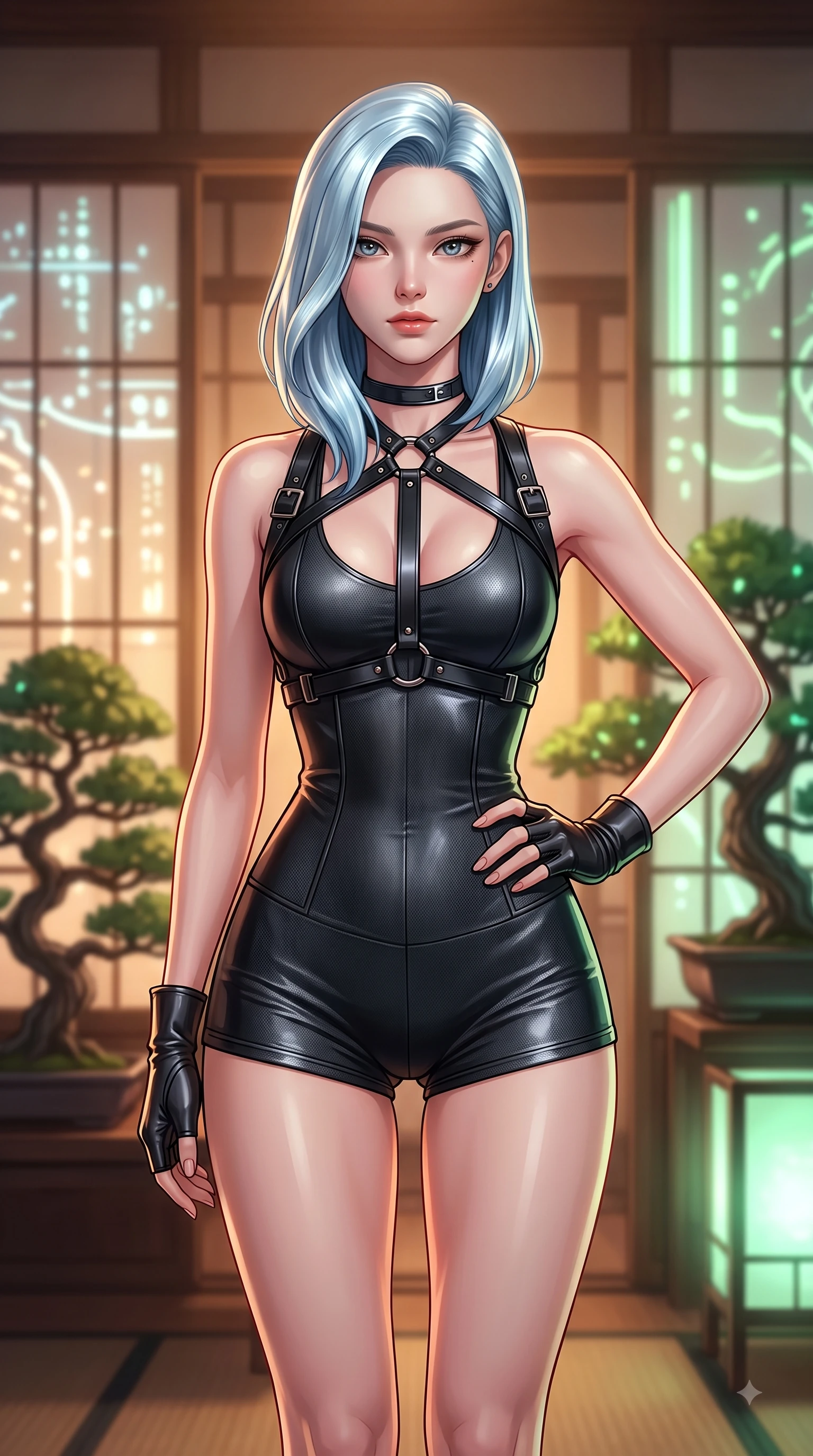 score_9, masterpiece, best quality, ultra-detailed, high-budget anime keyframe, editorial fashion photography, tasteful artistic composition, Korean woman woman. close-up cowboy shot from the waist and thighs up, the character dominates the composition, filling the frame with her large presence, background elements kept in soft focus. She has an exceptionally elegant, slender, and willowy female figure with an ultra-slim waist, a gracefully sculpted slender torso, and a refined silhouette. holding a confident power pose with one hand on her hip, looking directly into the camera with quiet self-assurance, flawlessly proportioned anatomical accuracy, natural body alignment, perfectly sculpted elegant limbs, clean dynamic posture without body distortion. set against a soft-focus background of a cyber-zen tea room with digital shoji screens and bonsai. wearing a black structured leather harness over a fitted second-skin micro-shorts set. bathed in soft warm wooden ambient glow with gentle green digital plant highlights. highly saturated vibrant anime colors, detailed shading with soft gradients, rich glossy textures, high-contrast stereoscopic depth, volumetric dynamic lighting, master piece, 9:16 ratio