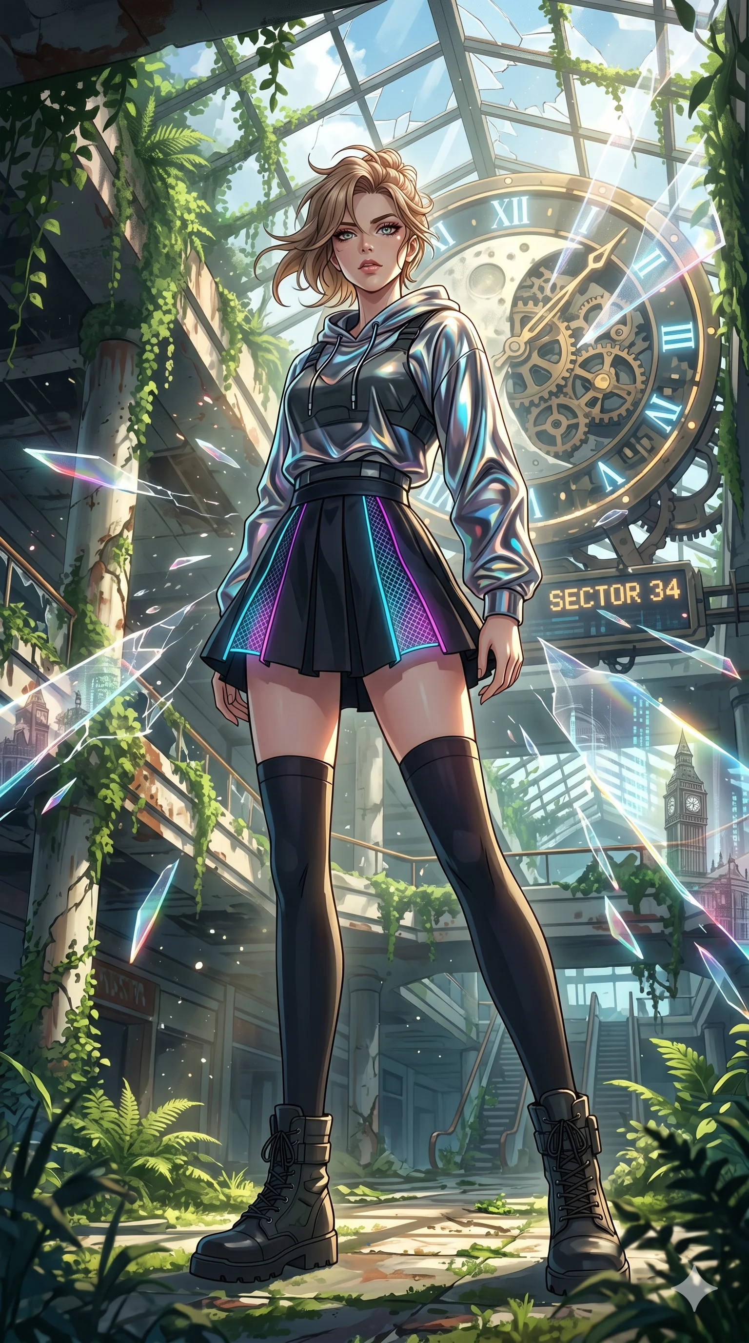 score_9, masterpiece, best quality, ultra-detailed, Set A: High-budget Anime Keyframe, Caucasian (human ears) woman. Low angle cowboy shot filling the entire 9:16 frame with her statuesque presence. Theme: Historical Remix. shattering the fabric of reality in a ruined overgrown shopping mall, with a massive clockwork moon ticking behind her as sector 34. The atmosphere is filled with cinematic sunlight through leaves. She has an absolutely perfect 8-heads proportion, an exceptionally tall and slender female figure with impossibly long slender legs and an ultra-slim waist. Sharp v-shaped jawline, high-bridge nose, intricate jewel-like eyes with depth, glossy lips. Wearing Cyber-rebel hoodie made of liquid-metal fabric with a neon-lit mesh skirt. Cinematic lighting, vivid colors, dramatic shadows, 2k, ultra detail, master piece, 9:16 ratio