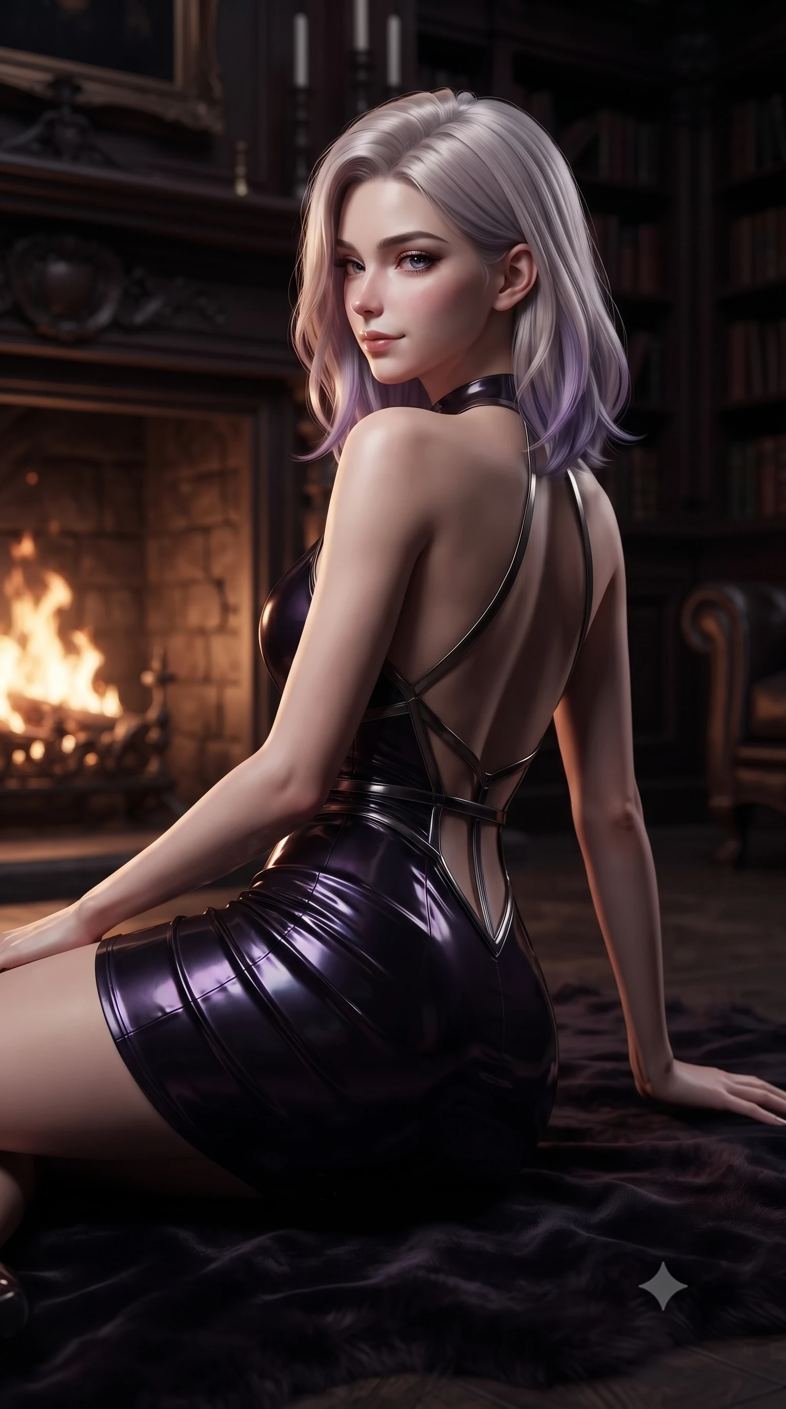 score_9, masterpiece, best quality, ultra-detailed, high-budget anime keyframe, editorial fashion photography, tasteful artistic composition, Caucasian woman. close-up cowboy shot from the waist and thighs up, the character dominates the composition, filling the frame with her large presence, background elements kept in soft focus. Glancing sidelong over her shoulder with a smoldering, enigmatic half-smile, resting on a plush dark velvet rug before a roaring stone fireplace in a gothic library, cozy yet intensely sensual gothic atmosphere. She has an exceptionally elegant, slender, and willowy female figure with an ultra-slim waist, a gracefully sculpted slender torso, and a refined silhouette. sharp v-shaped jawline, high-bridge nose, intricate jewel-like eyes with depth, thick eyelashes, glossy lips with a natural sheen. wearing backless liquid vinyl mini slip dress with bare shoulder halter neckline in pitch-black onyx, made of iridescent dark violet taffeta, highlighted by a gunmetal metallic harness structure, contouring every curve with an exceptionally elegant silhouette. bathed in dramatic chiaroscuro with deep mahogany shadows swallowing background. ultra-reflective glossy finish, specular highlights, metallic sheen, high-contrast stereoscopic depth, volumetric dynamic lighting, 2k, ultra detail, master piece, 9:16 ratio