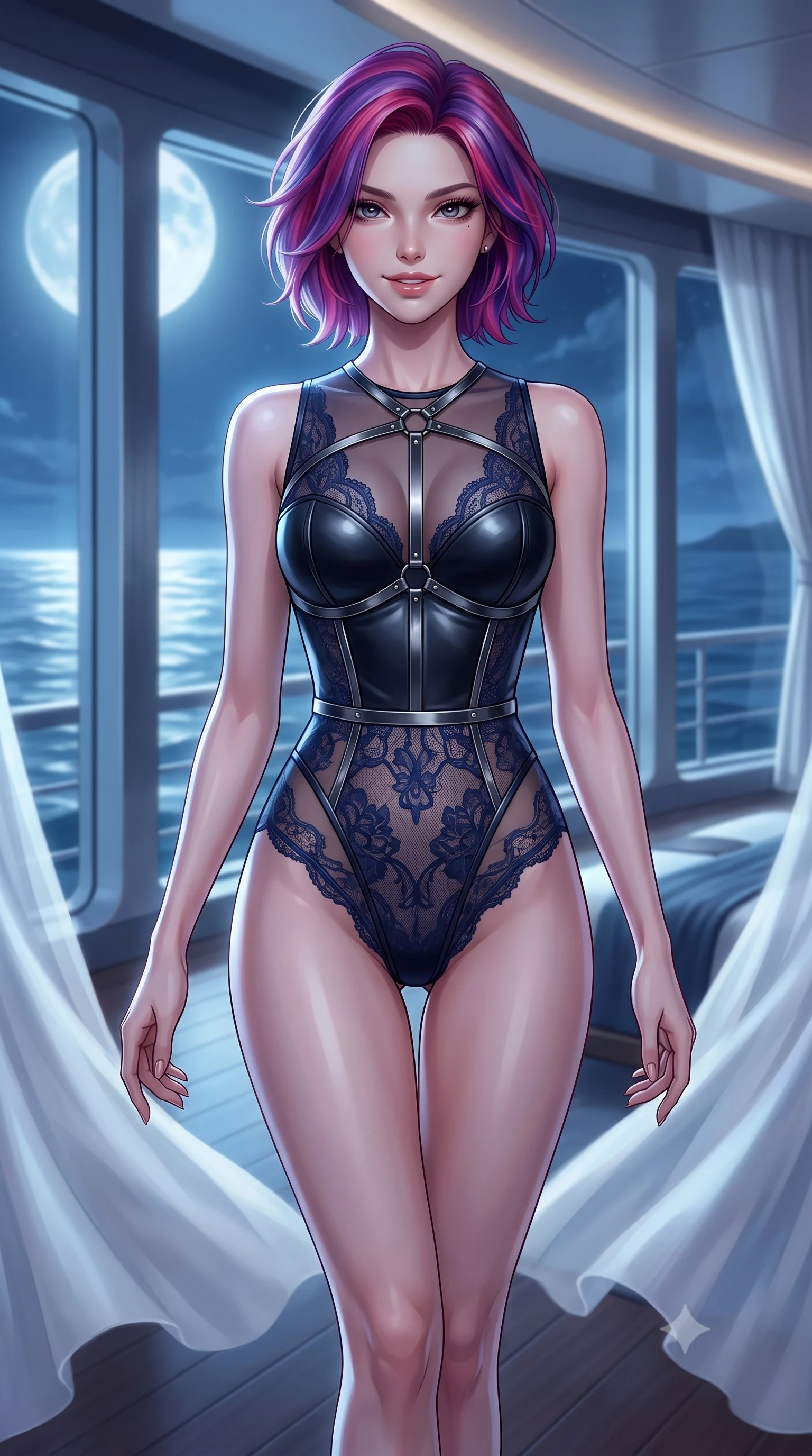 score_9, masterpiece, best quality, ultra-detailed, high-budget anime keyframe, editorial fashion photography, tasteful artistic composition, Caucasian woman. close-up cowboy shot from the waist and thighs up, the character dominates the composition, filling the frame with her large presence, background elements kept in soft focus. Smiling with quiet, magnetic self-assurance directly into the camera, standing in the master suite of a private superyacht with panoramic ocean views, gentle ocean movement swaying white silk curtains around her long legs. She has an exceptionally elegant, slender, and willowy female figure with an ultra-slim waist, a gracefully sculpted slender torso, and a refined silhouette. sharp v-shaped jawline, high-bridge nose, intricate jewel-like eyes with depth, thick eyelashes, glossy lips with a natural sheen. wearing sheer midnight lace overlay bodysuit with delicate sheer cutouts in midnight navy blue, made of polished black leather, highlighted by a gunmetal metallic harness structure, sculpting her athletic slender build with refined precision. illuminated by cold silver moonlight rays and soft interior ocean reflections. highly saturated vibrant anime colors, detailed shading with soft gradients, rich glossy textures, high-contrast stereoscopic depth, volumetric dynamic lighting, master piece, 9:16 ratio
