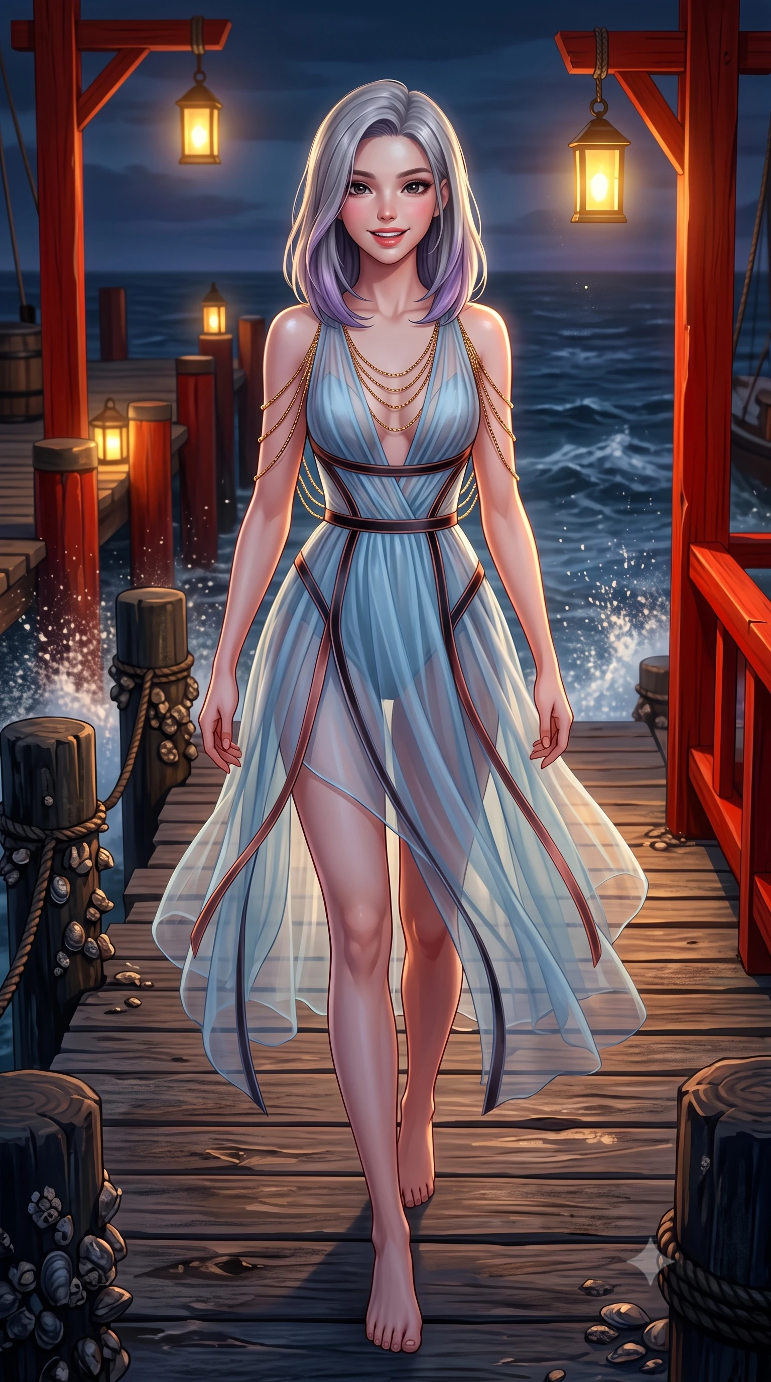 score_9, masterpiece, best quality, ultra-detailed, high-budget anime keyframe, semi-realistic 3D game render, editorial fashion photography, tasteful artistic composition, Caucasian woman. low angle full-body shot from head to toe showing her feet, filling the entire 9:16 vertical frame with her statuesque presence, stretching her vertical silhouette. stepping slowly toward the camera with hypnotic grace, hips swaying in an alluring sensual rhythm that accentuates her curvy hourglass silhouette and long slender legs while twisting her slender torso in an alluring contrapposto stance, sea spray and lantern light caressing her flat midriff and curvy hips. The surrounding environment is rendered in vivid detail and crisp panoramic clarity: sharp vermilion lacquered joinery, weathered wood boardwalk grain, and shellfish barnacles on mooring posts in deep focus. She has an exceptionally tall and slender model-like 8.5-heads proportion, an ultra-slim waist, a flat toned midriff, narrow delicate ribcage, and beautifully sculpted feminine hips creating a graceful, slim hourglass silhouette without any bulky heaviness, with impossibly long slender legs. sharp v-shaped jawline, high-bridge nose, intricate jewel-like sparkling eyes with depth, thick eyelashes, glossy parted lips with a natural peach sheen, bright cheerful beaming smile with an enchanting and coquettish sensual glint, exuding both youthful cute charm and seductive allure, flawlessly proportioned anatomical accuracy, strict slender model proportions, natural body alignment, perfectly sculpted long slender limbs, ultra-slim waistline, clean dynamic posture without body distortion. wearing a provocative semi-sheer icy blue tulle cocktail dress with velvet ribbon piping contouring her narrow waist and hips in sultry copper rose and deep shadow charcoal, made of sheer gossamer chiffon that drapes softly against skin with airy translucence, accented with an open-back drape framed by falling strands of delicate gold chains, the liquid-tight tailored fabric clinging flawlessly to her narrow waist and rounded feminine hips, emphasizing every millimeter of her sculpted slim hourglass curves without any bulky heaviness. illuminated by sea water specular highlights and sharp rose-gold rim lights sculpting her dewy collarbones, ultra-slim waist, and curvy hips. highly saturated vibrant anime colors, detailed shading with soft gradients, rich glossy textures, high-contrast stereoscopic depth, volumetric dynamic lighting, master piece, 9:16 ratio