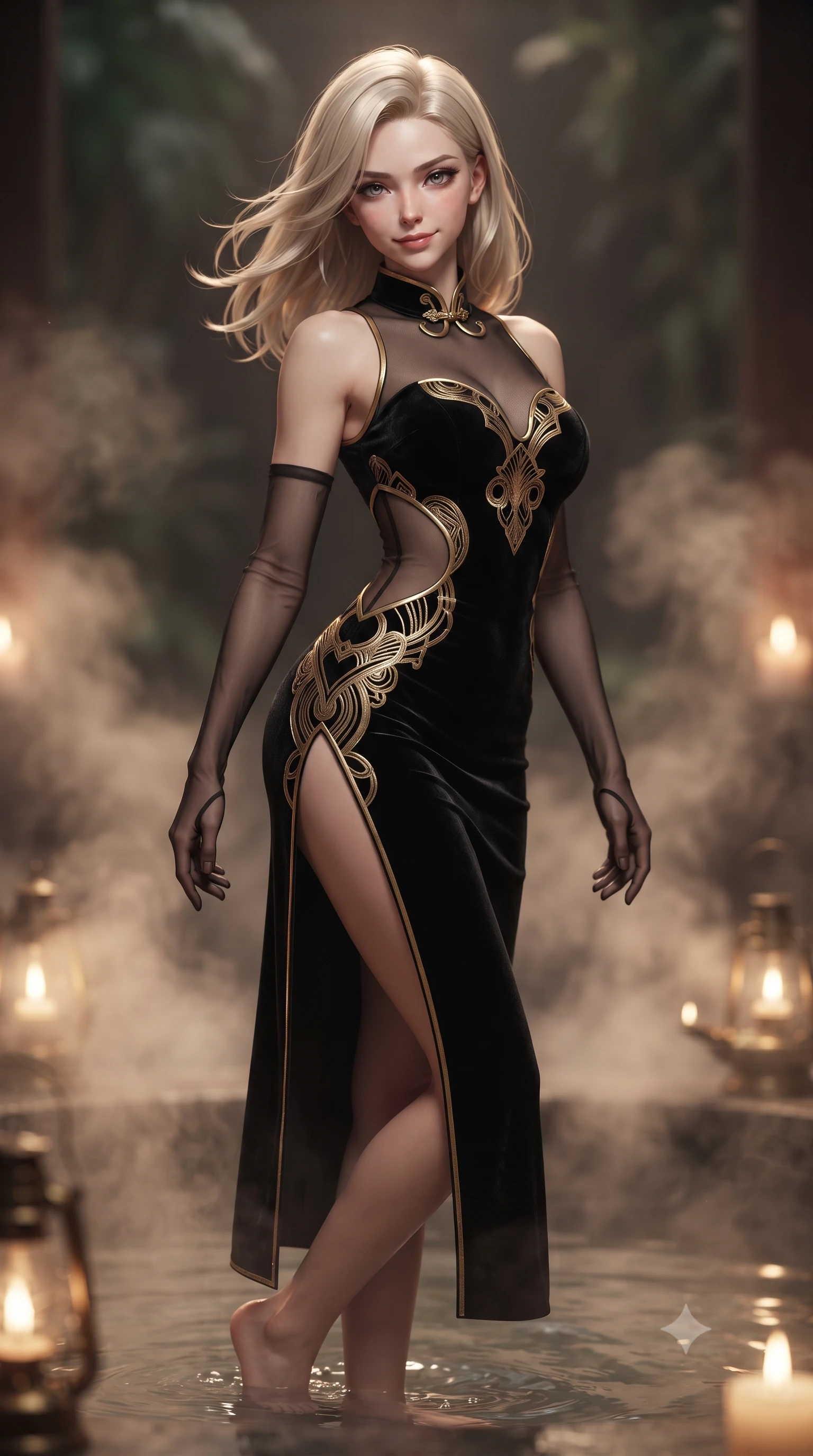 score_9, masterpiece, best quality, ultra-detailed, high-budget anime keyframe, editorial fashion photography, tasteful artistic composition, Caucasian woman. close-up cowboy shot from the waist and thighs up, the character dominates the composition, filling the frame with her large presence. turning slowly with an enchanting smoldering smile, her glossy hair tossing in the breeze as her hips angle gracefully in a captivating contrapposto while twisting her slender torso in an alluring S-curve, rising warm aromatic herbal steam and candle lantern glows tracing her silhouette. The background shows a soft-focus rising herbal steam plumes softened in holistic island wellness shallow focus. She has an exceptionally elegant, slender, and willowy female figure with an ultra-slim waist, flat toned midriff, narrow ribcage, and sculpted feminine hips creating an alluring, slim hourglass silhouette without bulk. sharp v-shaped jawline, high-bridge nose, sparkling eyes with hypnotic seductive depth, thick curled eyelashes, glossy parted lips with a natural dewy peach sheen, alluring bedroom-eyes with an enchanting coquettish smile, exuding magnetic siren charisma and sophisticated glamour, flawlessly proportioned anatomical accuracy, strict slender model proportions, natural body alignment, perfectly sculpted long slender limbs, ultra-slim waistline, clean dynamic posture without body distortion. wearing a modern cheongsam-inspired form-fitting sheer mesh cocktail dress with mandarin collar and dramatic hip-high side slits in Shanghai Art Deco black and polished brass gold, tailored from ultra-plush velvet with rich tactile depth and deep shadow gradients, complemented by sheer opera-length evening gloves tracing her slender arms, the form-contouring silhouette accentuating her sculpted flat midriff, narrow delicate ribcage, and gracefully curvy hips with intoxicating allure. bathed in soft warm 2400K concealed cove lighting beneath the tub rim mixed with flickering brass oil lamps. ultra-reflective glossy finish, specular highlights, rich textural contrasts, high-contrast stereoscopic depth, volumetric dynamic lighting, 2k, ultra detail, master piece, 9:16 ratio