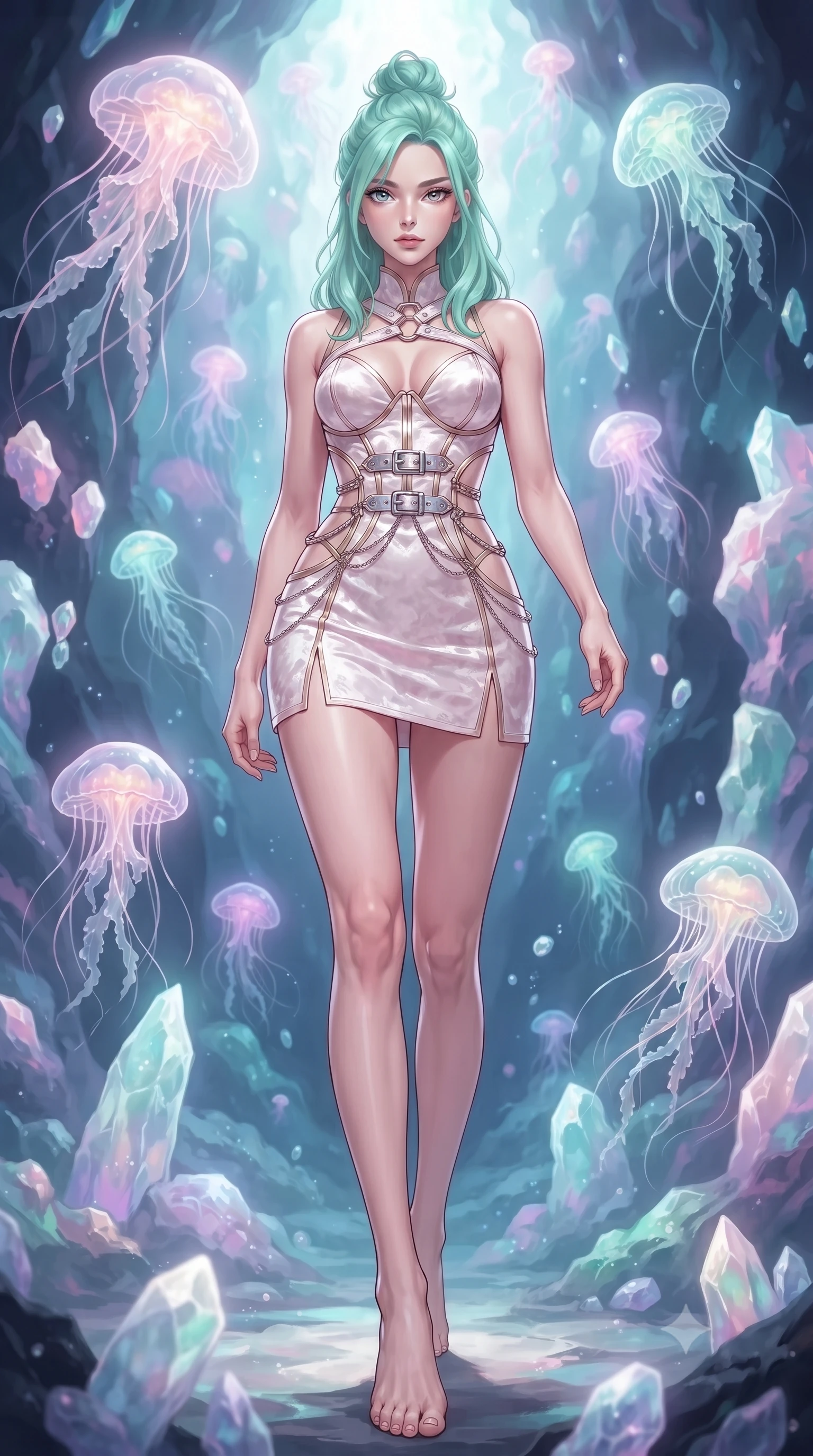 score_9, masterpiece, best quality, ultra-detailed, high-budget anime keyframe, editorial fashion photography, tasteful artistic composition, Japanese woman. low angle full-body shot from head to toe showing her feet, filling the entire 9:16 vertical frame with her statuesque presence, stretching her vertical silhouette. forging confidently through the floating crystal mist, holding a poised statuesque stance, threading glowing ethereal tendrils through a sanctuary of bioluminescent opal creatures, soft opal bioluminescence filtering through delicate translucent tentacles. She has an absolutely perfect, statuesque 8.5-heads proportion, an exceptionally tall and slender model-like female figure with impossibly long slender legs and an ultra-slim waist. sharp v-shaped jawline, high-bridge nose, intricate jewel-like eyes with depth, thick eyelashes, glossy lips with a natural sheen. wearing architectural cut-out pale pink leather mini dress with sculpted gold boning in champagne gold, made of crushed white silk velvet, framed by polished silver buckles and delicate chain details, the fitted fabric emphasizing her ultra-slim waist. illuminated by soft opal bioluminescence and radiant pastel inner glow. highly saturated vibrant anime colors, detailed shading with soft gradients, rich glossy textures, high-contrast stereoscopic depth, volumetric dynamic lighting, master piece, 9:16 ratio