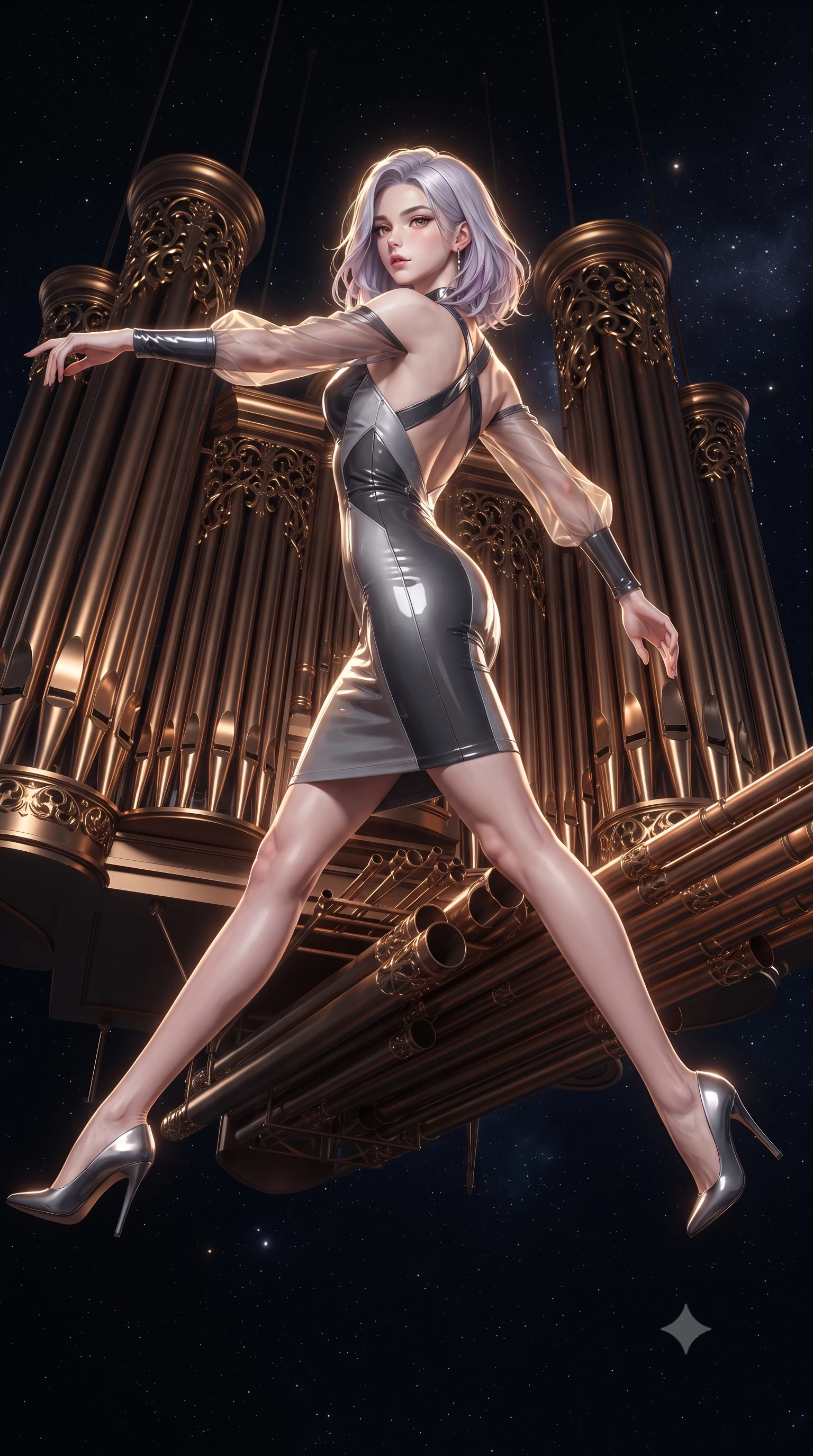score_9, masterpiece, best quality, ultra-detailed, high-budget anime keyframe, editorial fashion photography, tasteful artistic composition, Caucasian woman. low angle full-body shot from head to toe showing her feet, filling the entire 9:16 vertical frame with her statuesque presence, stretching her vertical silhouette. leaping gracefully through mid-air with statuesque elegance, her impossibly long slender legs stretched in perfect balance while leaping gracefully across massive bronze pipe organ tubes suspended in deep space, golden filigree organ pipes casting intricate metallic reflections in mid-air. She has an absolutely perfect, statuesque 8.5-heads proportion, an exceptionally tall and slender model-like female figure with impossibly long slender legs and an ultra-slim waist. sharp v-shaped jawline, high-bridge nose, intricate jewel-like eyes with depth, thick eyelashes, glossy lips with a natural sheen, flawlessly proportioned anatomical accuracy, natural body alignment, perfectly sculpted elegant limbs, clean dynamic posture without body distortion. wearing a sleek bodycon knit dress with strategic sheer organza sleeve panels in charcoal grey and platinum, tailored from high-gloss patent leather, complemented by criss-cross back straps highlighting her bare shoulders, the form-contouring material highlighting her ultra-slim waist and long lines. surrounded by a divine cosmic aura with bright golden specular rim lights. ultra-reflective glossy finish, specular highlights, metallic sheen, high-contrast stereoscopic depth, volumetric dynamic lighting, 2k, ultra detail, master piece, 9:16 ratio