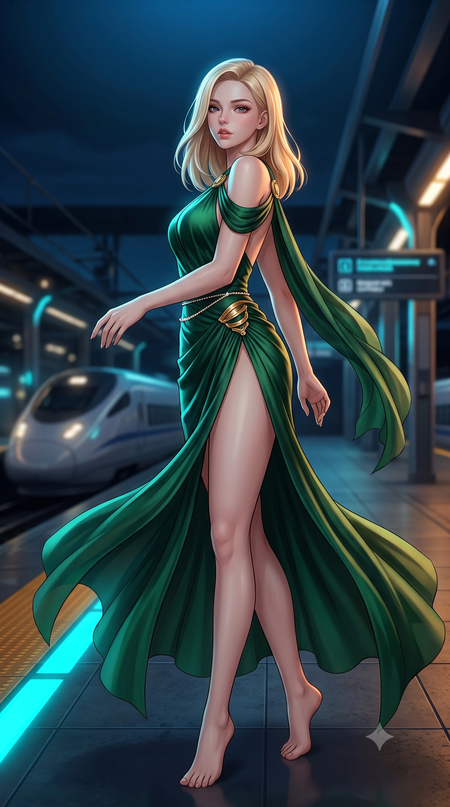 score_9, masterpiece, best quality, ultra-detailed, high-budget anime keyframe, semi-realistic 3D game render, editorial fashion photography, tasteful artistic composition, Korean woman. low angle full-body shot from head to toe showing her feet, filling the entire 9:16 vertical frame with her statuesque presence, stretching her vertical silhouette. executing an elegant mid-motion pivot turn as garments swirl around her slender limbs, glancing over her shoulder with an intoxicating bedroom-gaze while turning in an alluring contrapposto stance as her sleek speedsuit clings to her form, looking back over a bare shoulder with parted glossy lips. The composition keeps background elements in soft focus with creamy bokeh. aerodynamic bullet train silhouettes and high-tech platform gantries softened in moody cyberpunk shallow focus. She has an exceptionally tall and slender model-like 8.5-heads proportion, an ultra-slim waist, a flat toned midriff, narrow delicate ribcage, and beautifully sculpted feminine hips creating a graceful, slim hourglass silhouette without any bulky heaviness, with impossibly long slender legs. sharp v-shaped jawline, high-bridge nose, intricate jewel-like eyes with depth, thick eyelashes, glossy parted lips with a natural sheen, intensely captivating and seductive bedroom-eyes expression, flawlessly proportioned anatomical accuracy, strict slender model proportions, natural body alignment, perfectly sculpted long slender limbs, ultra-slim waistline, clean dynamic posture without body distortion. wearing a high-slit Grecian goddess draped gown with asymmetrical gold shoulder clasps and hip gathering in deep emerald green satin and gold hardware, woven from layered gossamer chiffon with a weightless sweeping drape, accented with a dainty diamond waist chain catching the ambient light reflections, the liquid-tight tailored fabric clinging flawlessly to her narrow waist and rounded feminine hips, emphasizing every millimeter of her sculpted slim hourglass curves without any bulky heaviness. bathed in high-contrast cyan and amber track edge lights contrasting with deep ocean blue overhead ambient glow. highly saturated vibrant anime colors, detailed shading with soft gradients, rich glossy textures, high-contrast stereoscopic depth, volumetric dynamic lighting, master piece, 9:16 ratio