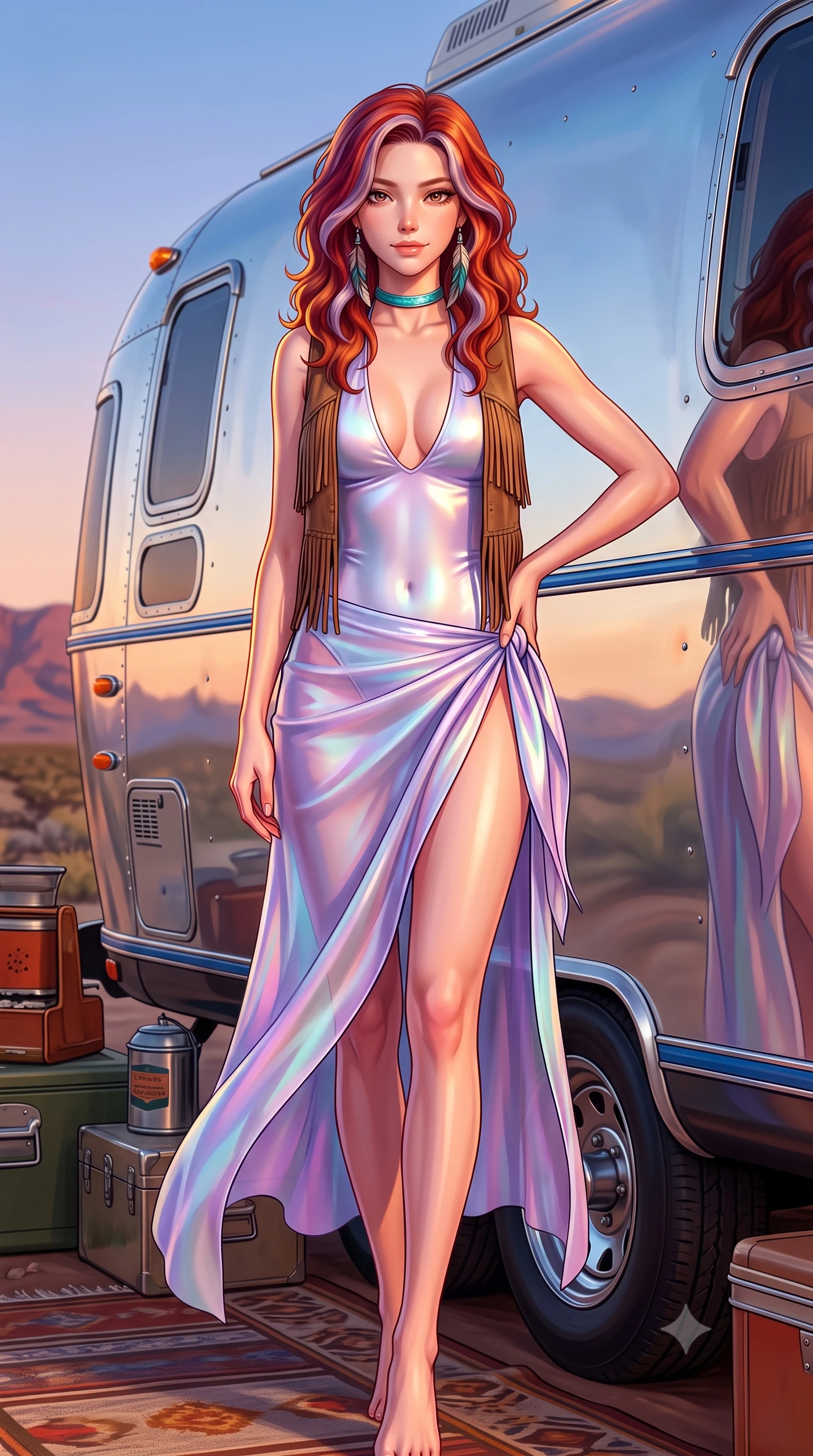 score_9, masterpiece, best quality, ultra-detailed, high-budget anime keyframe, semi-realistic 3D game render, editorial fashion photography, tasteful artistic composition, Caucasian woman. low angle full-body shot from head to toe showing her feet, filling the entire 9:16 vertical frame with her statuesque presence, stretching her vertical silhouette. stepping slowly toward the camera with hypnotic grace, hips swaying in an alluring sensual rhythm that accentuates her curvy hourglass silhouette and long slender legs while leaning against the mirror-polished aluminum Airstream trailer with hips cocked back, casting an intoxicating, smoldering half-smile. The surrounding environment is rendered in vivid detail and crisp panoramic clarity: detailed fringe suede vest texture, turquoise choker gleam, and vintage camping aesthetics in razor-sharp precision. She has an absolutely perfect, statuesque 8.5-heads proportion, an exceptionally tall and slender model-like female figure with impossibly long slender legs, an ultra-slim waist, a flat toned midriff, narrow delicate ribcage, and beautifully sculpted feminine hips creating a graceful, slim hourglass silhouette without any bulky heaviness. sharp v-shaped jawline, high-bridge nose, sparkling eyes with hypnotic seductive depth, thick curled eyelashes, glossy parted lips with a natural dewy peach sheen, alluring bedroom-eyes with an enchanting coquettish smile, exuding magnetic siren charisma and sophisticated glamour, flawlessly proportioned anatomical accuracy, strict slender model proportions, natural body alignment, perfectly sculpted long slender limbs, ultra-slim waistline, clean dynamic posture without body distortion. wearing a plunging halterneck second-skin maillot swimsuit with deep backless scoop and high-slit chiffon beach wrap in iridescent mother-of-pearl and dusk lavender, crafted from fluid liquid silk satin that clings smoothly to every curve with a dewy sheen, accented with turquoise and silver bohemian feather earrings swaying near her bare neck, the second-skin tailored fabric adhering flawlessly to her sculpted flat midriff and slender torso, emphasizing her long leg lines and perfectly proportioned willowy build. illuminated by aluminum trailer reflection bounce and sharp amber-gold rim lighting sculpting her jawline, flat midriff, and voluptuous hip curves. highly saturated vibrant anime colors, detailed shading with soft gradients, rich glossy textures, high-contrast stereoscopic depth, volumetric dynamic lighting, master piece, 9:16 ratio